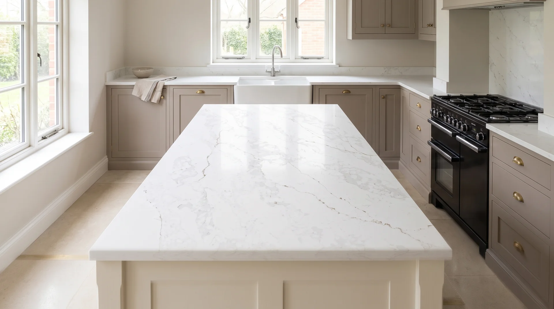 Miami Gold Modern Quartz Stone worktop in a wide kitchen view