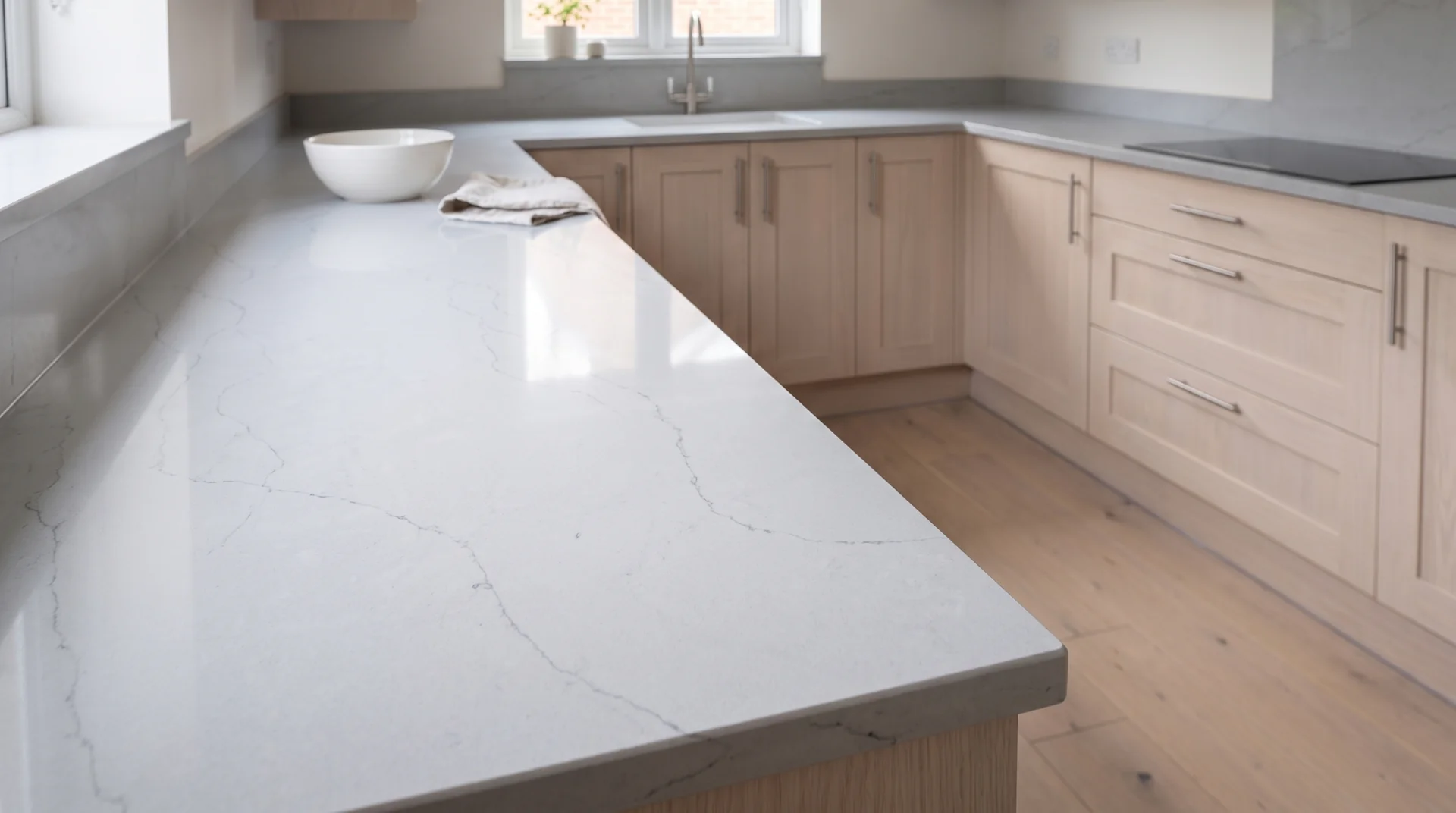 Sonata Grey quartz worktop close-up showing surface detail