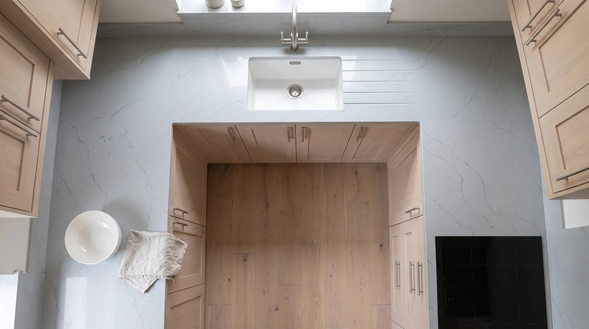 Sonata Grey quartz worktop shown from an overhead kitchen view
