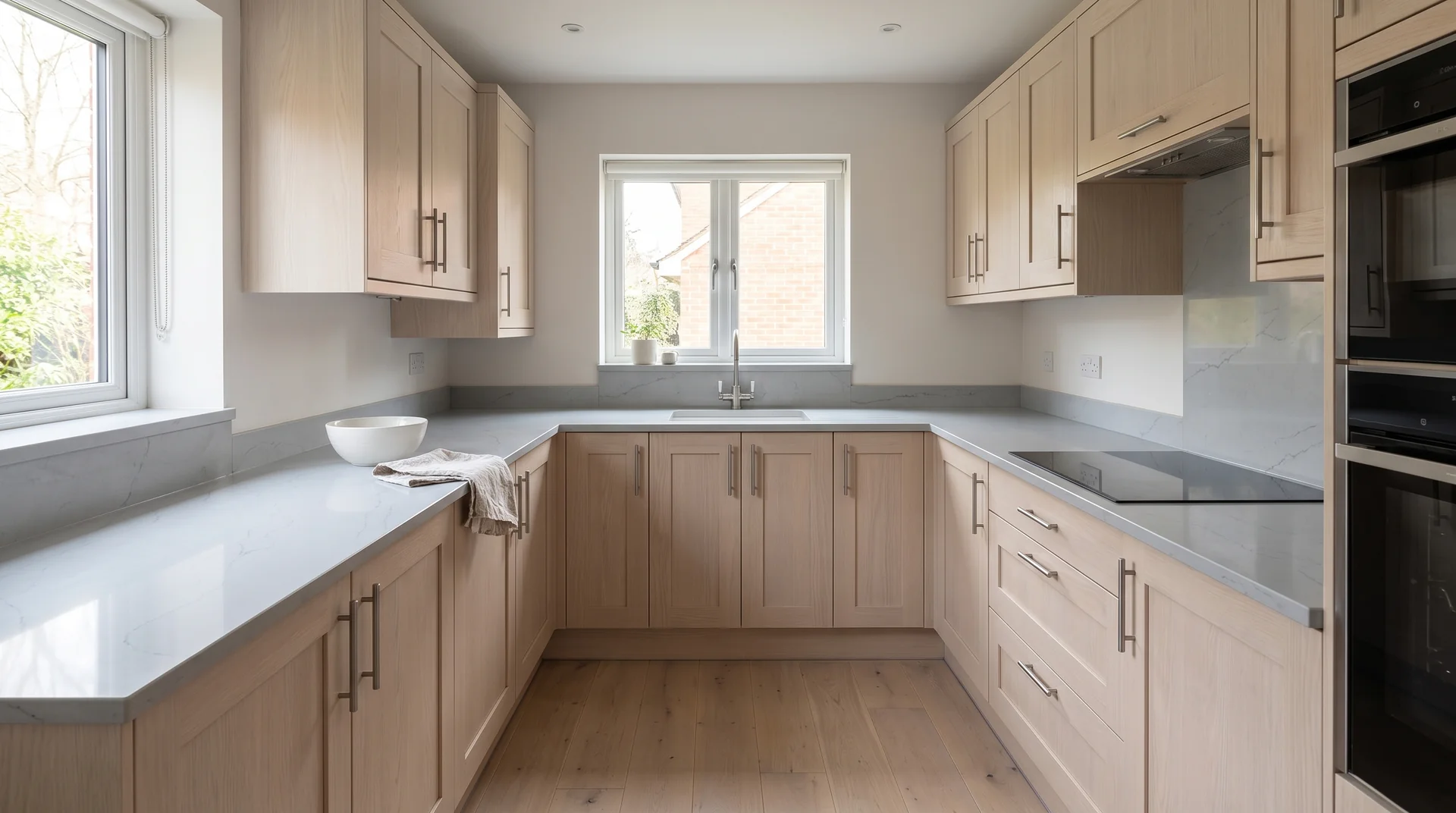 Sonata Grey Modern Quartz Stone worktop in a wide kitchen view