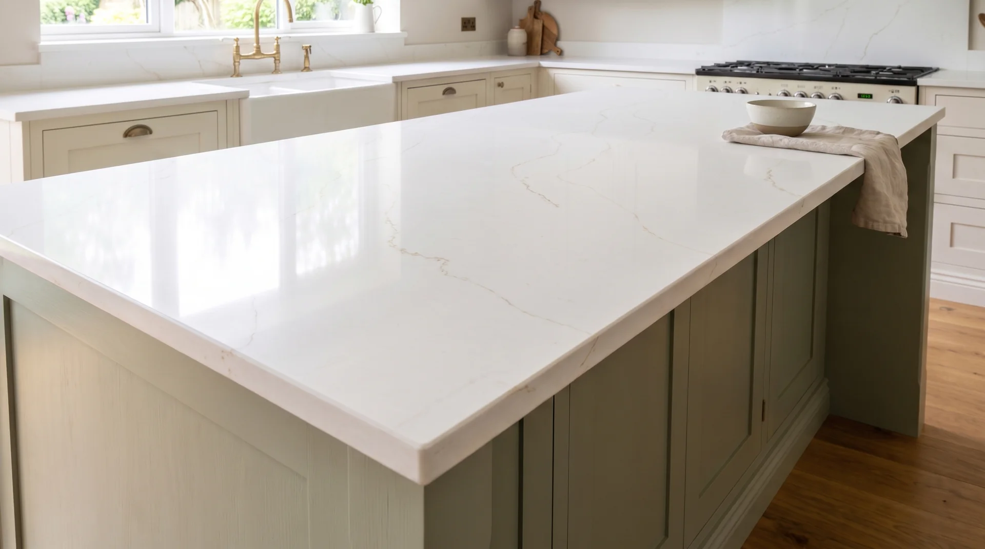 Sonata Gold quartz worktop close-up showing surface detail