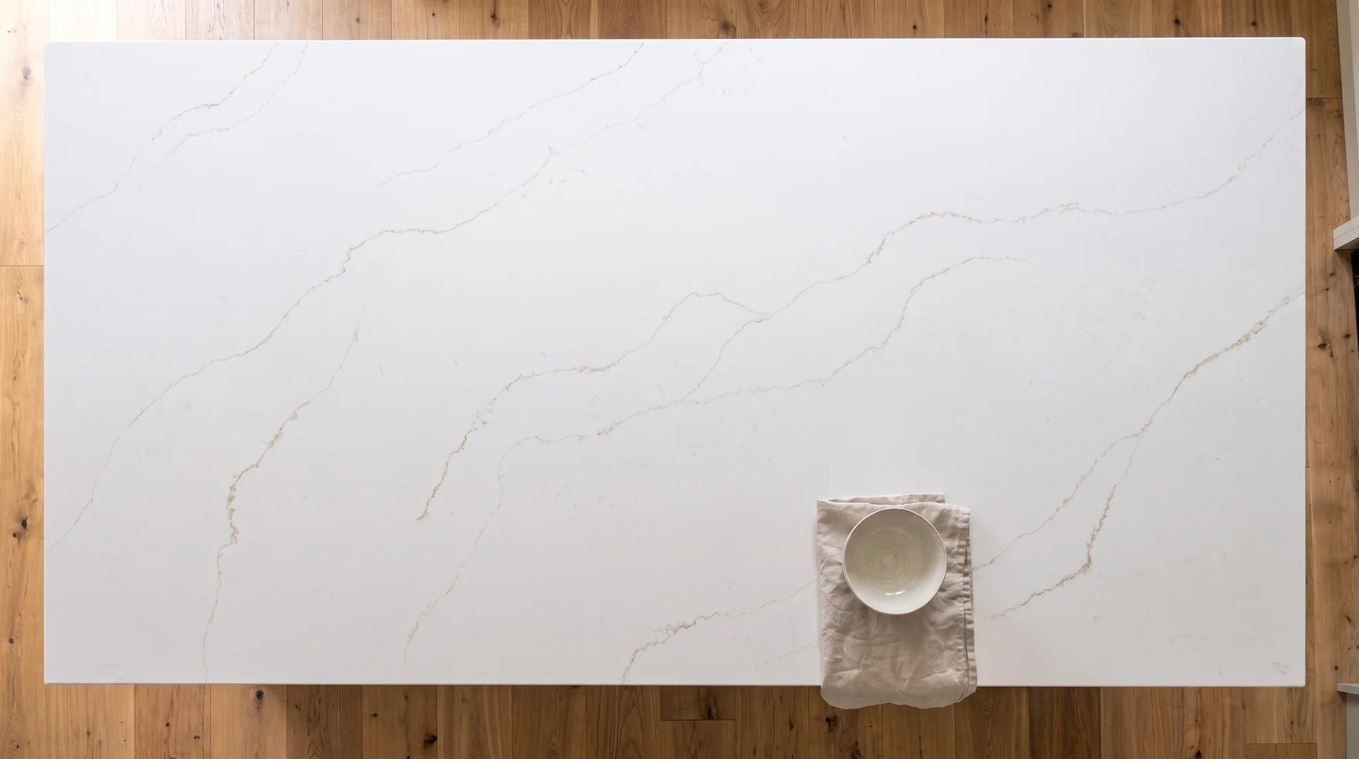 Sonata Gold quartz worktop shown from an overhead kitchen view