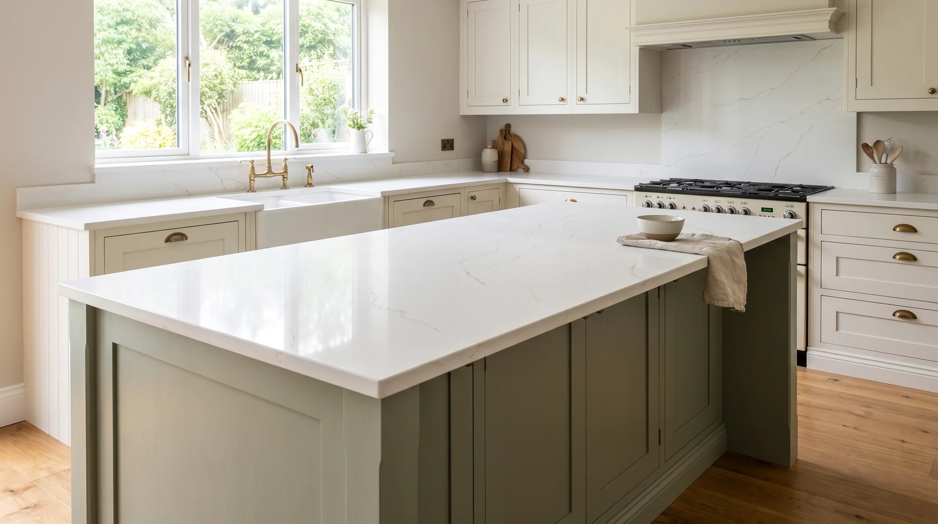 Sonata Gold Modern Quartz Stone worktop in a wide kitchen view