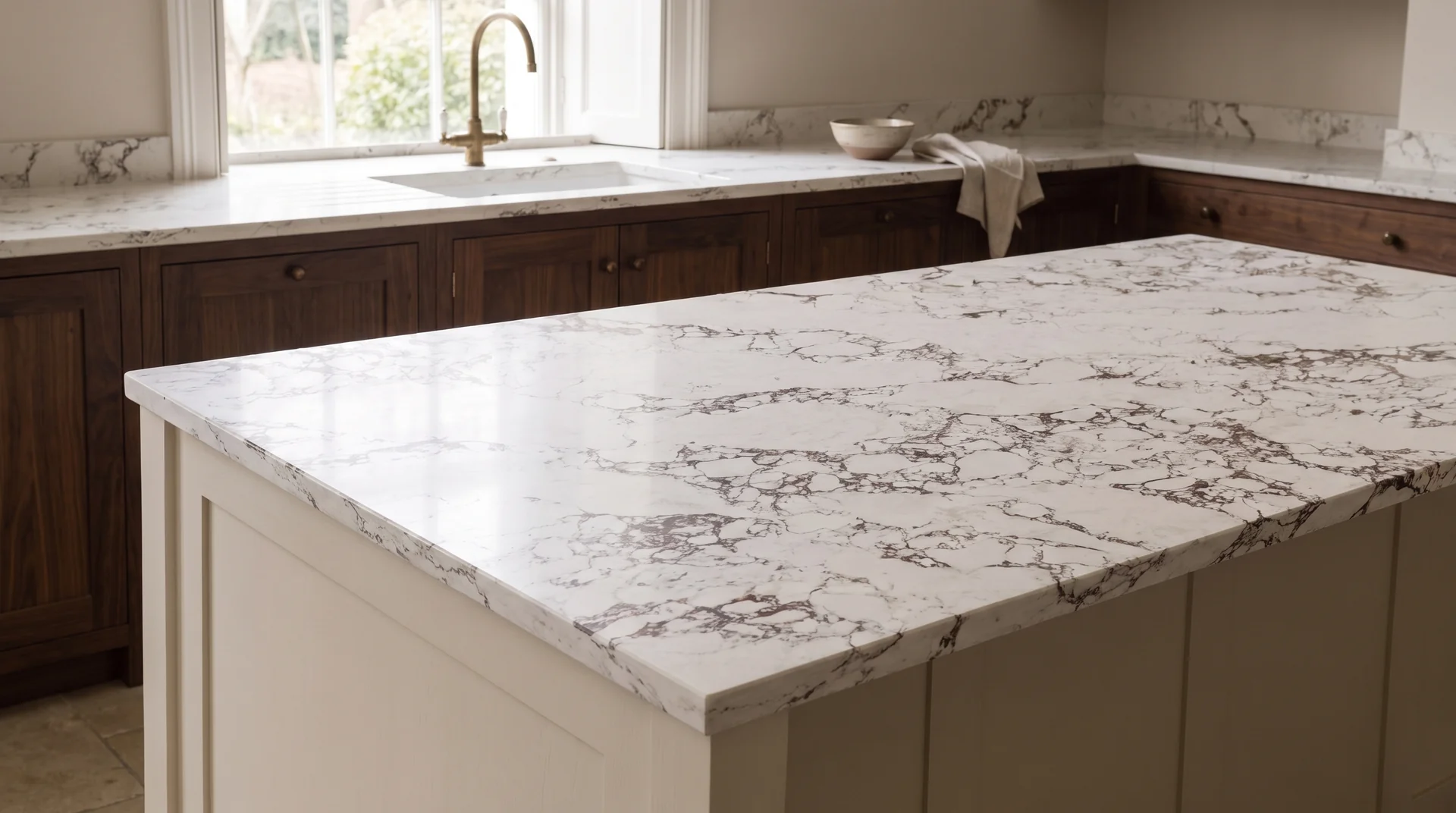 Calacatta Viola quartz worktop close-up showing surface detail