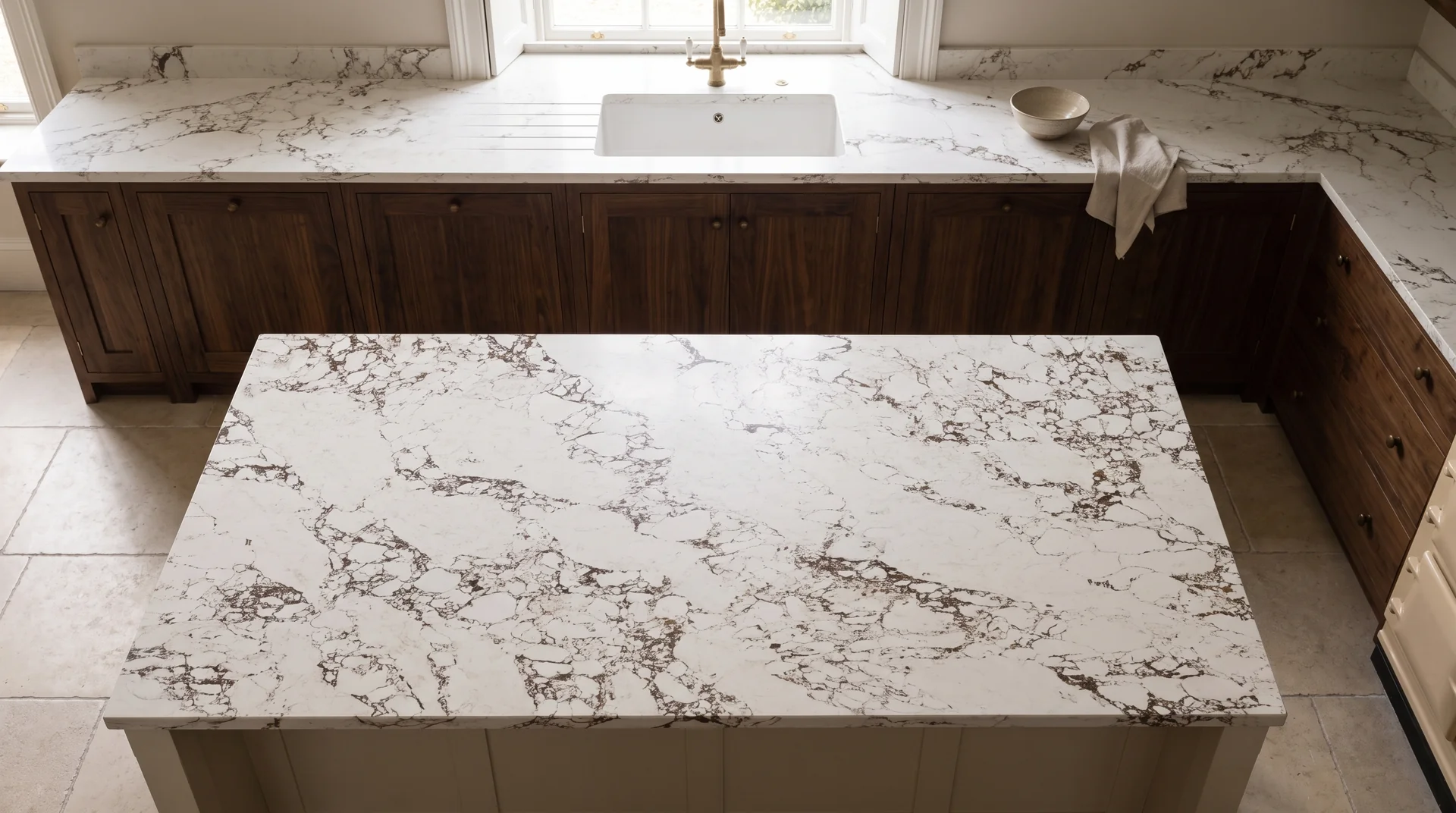 Calacatta Viola quartz worktop shown from an overhead kitchen view