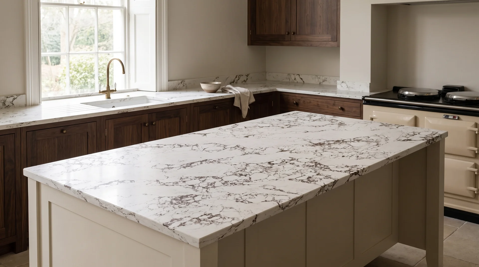 Calacatta Viola Modern Quartz Stone worktop in a wide kitchen view