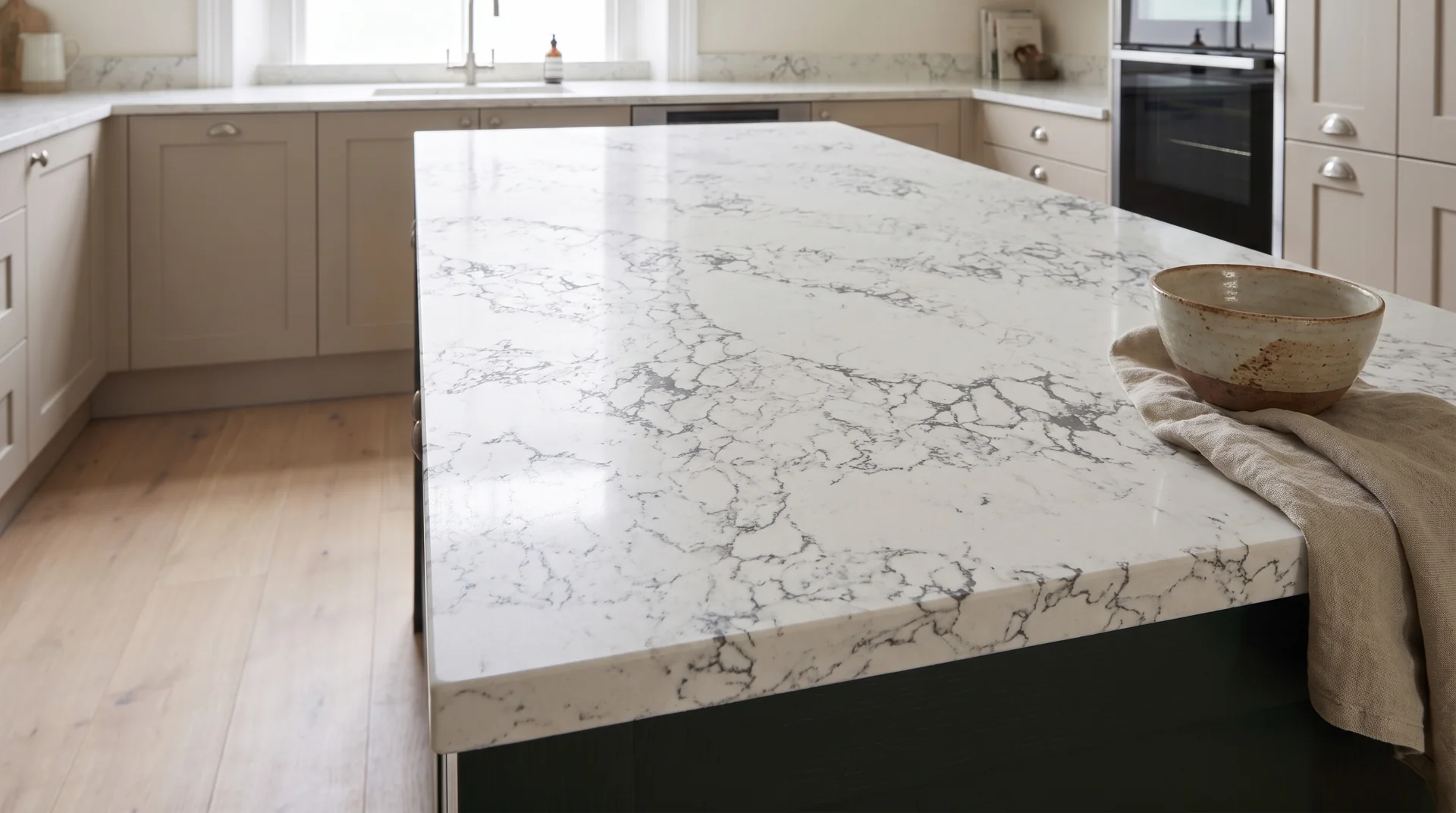 Arabescato quartz worktop close-up showing surface detail