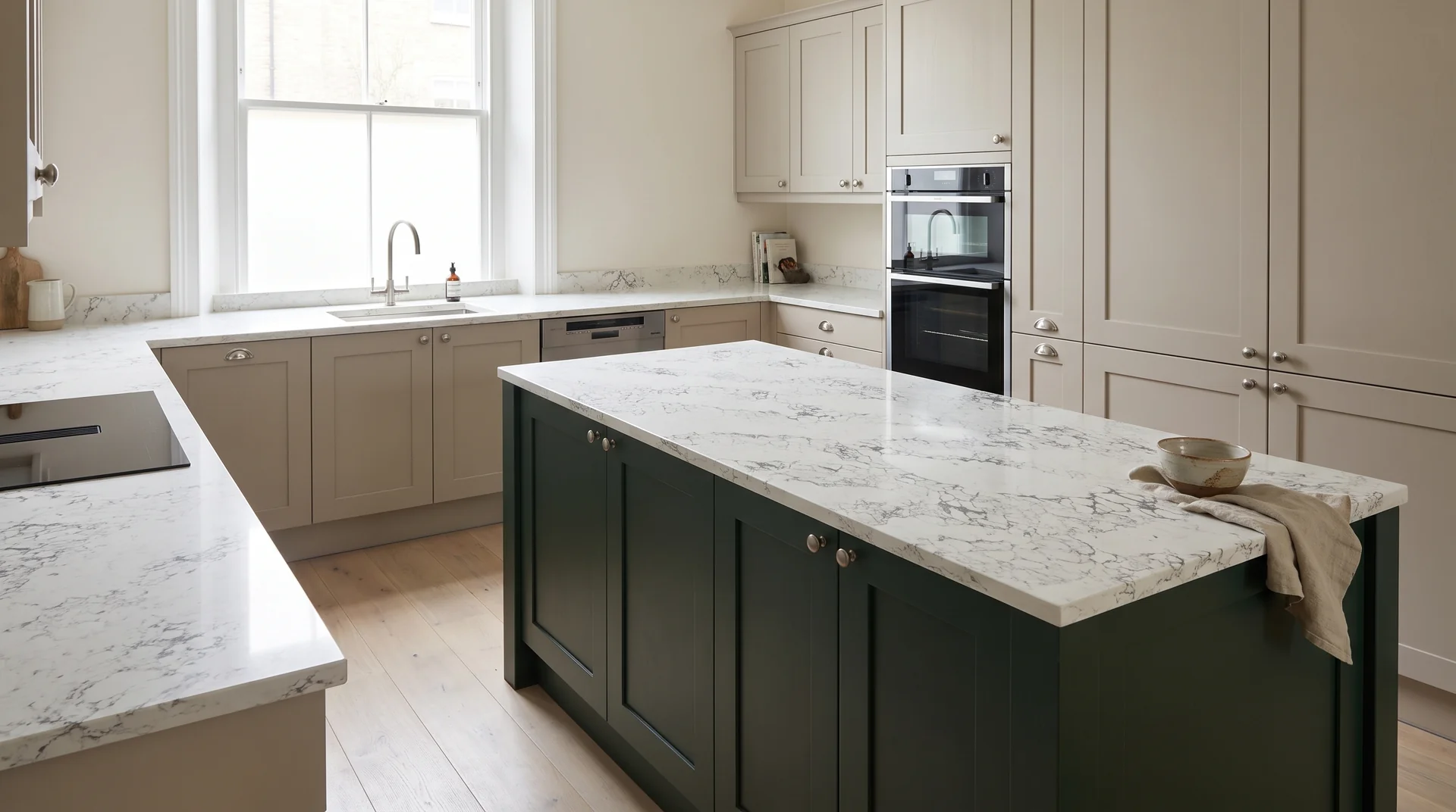 Arabescato Modern Quartz Stone worktop in a wide kitchen view