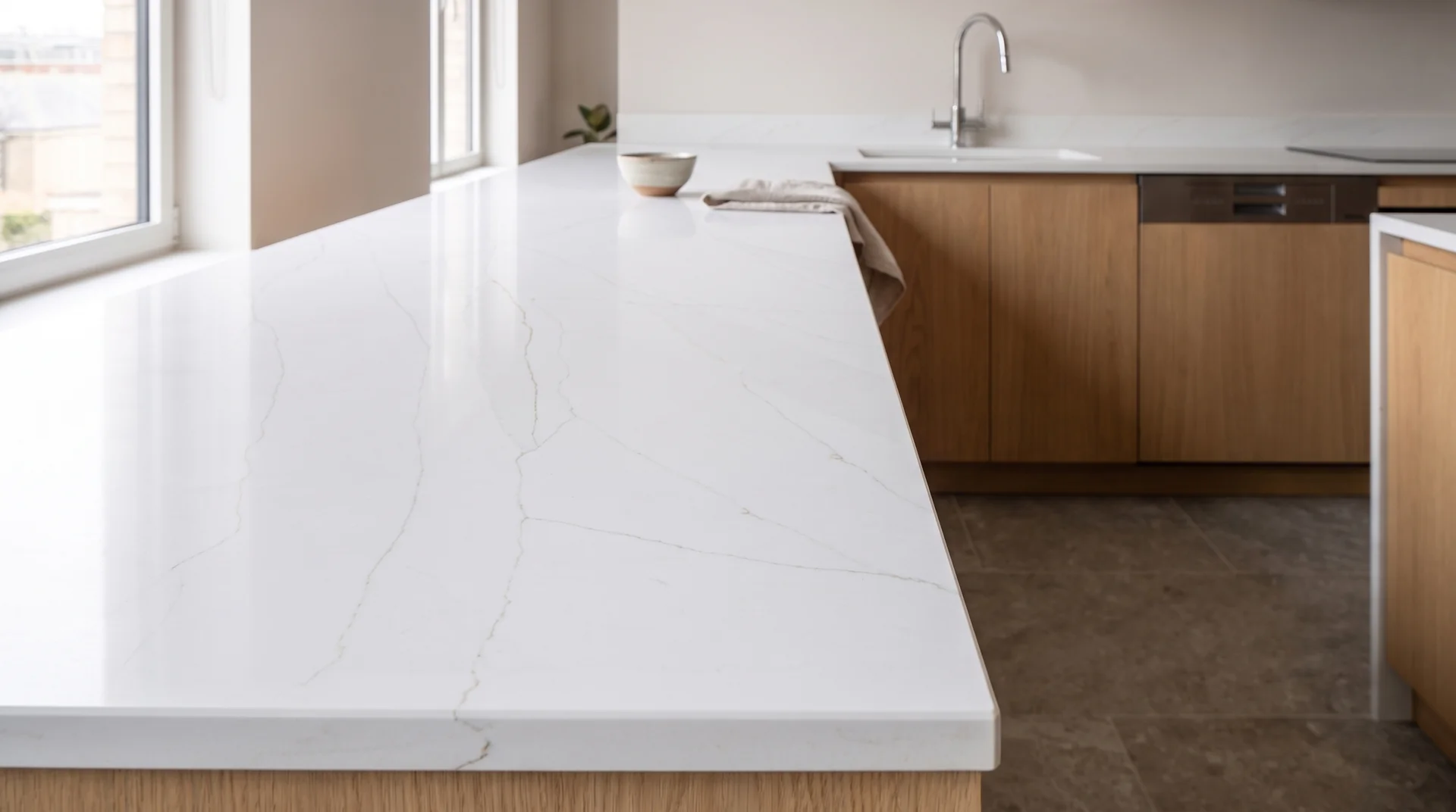 Calacatta Royal quartz worktop close-up showing surface detail