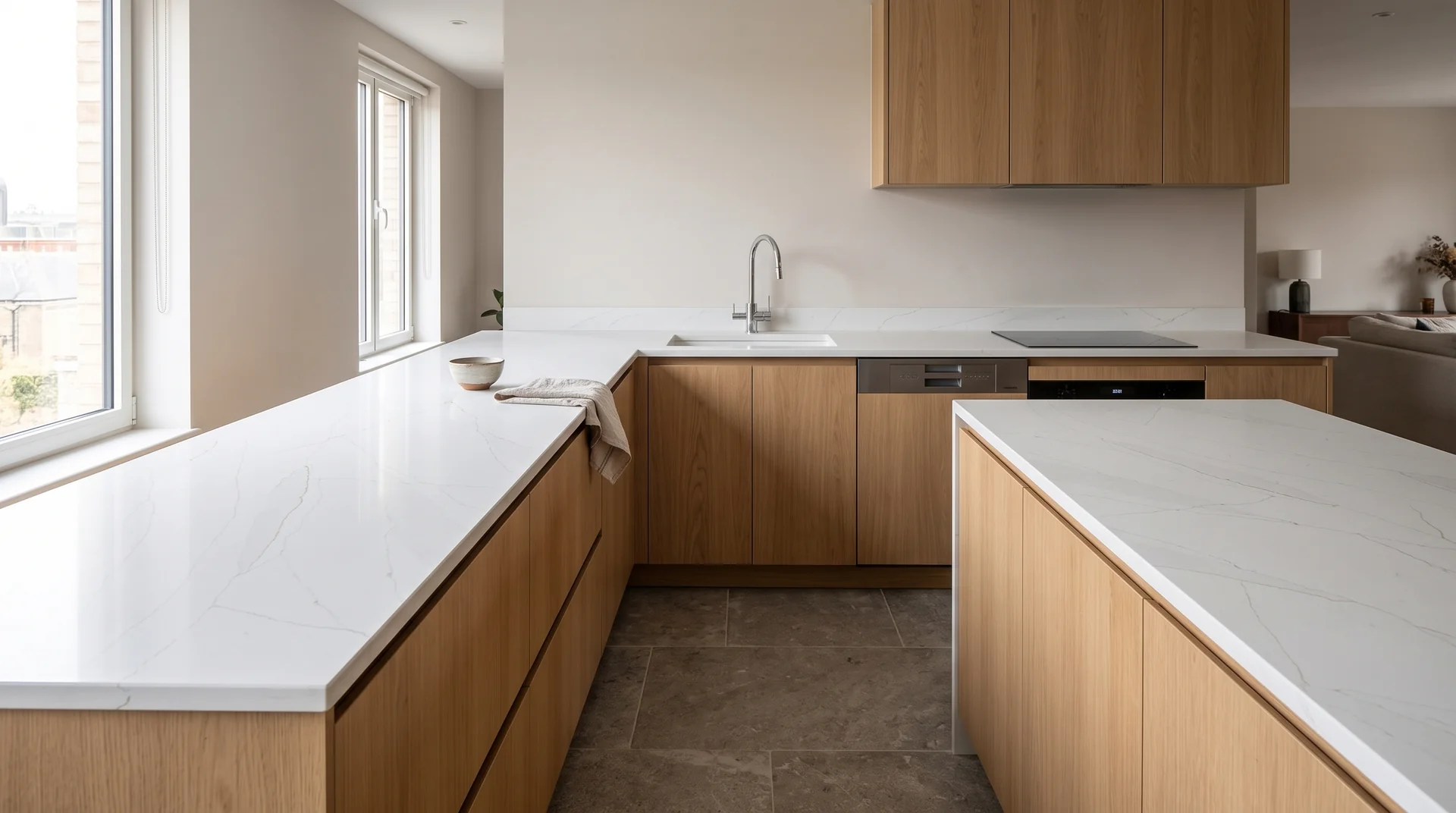 Calacatta Royal Modern Quartz Stone worktop in a wide kitchen view