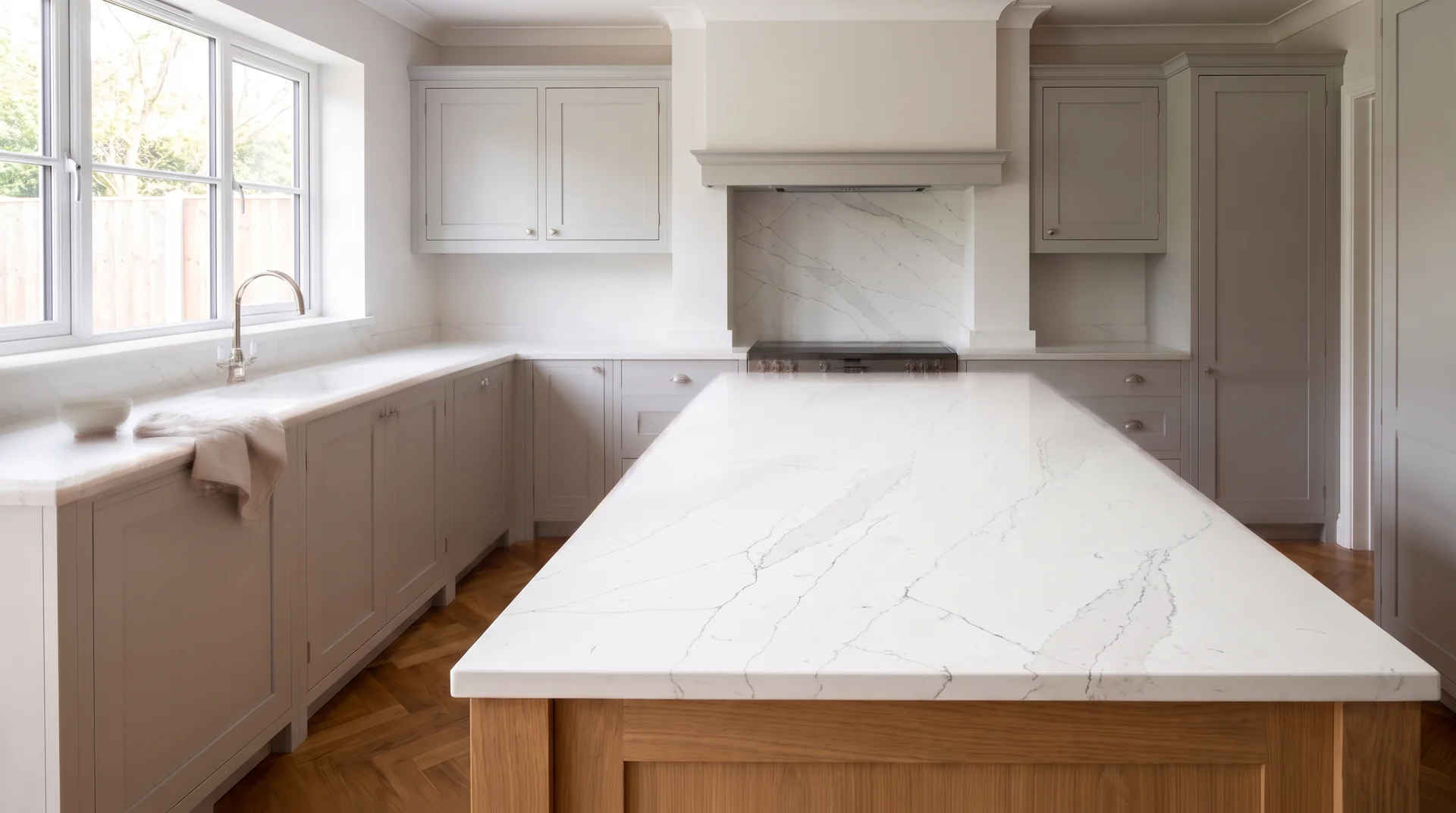 Statuario Royal quartz worktop close-up showing surface detail