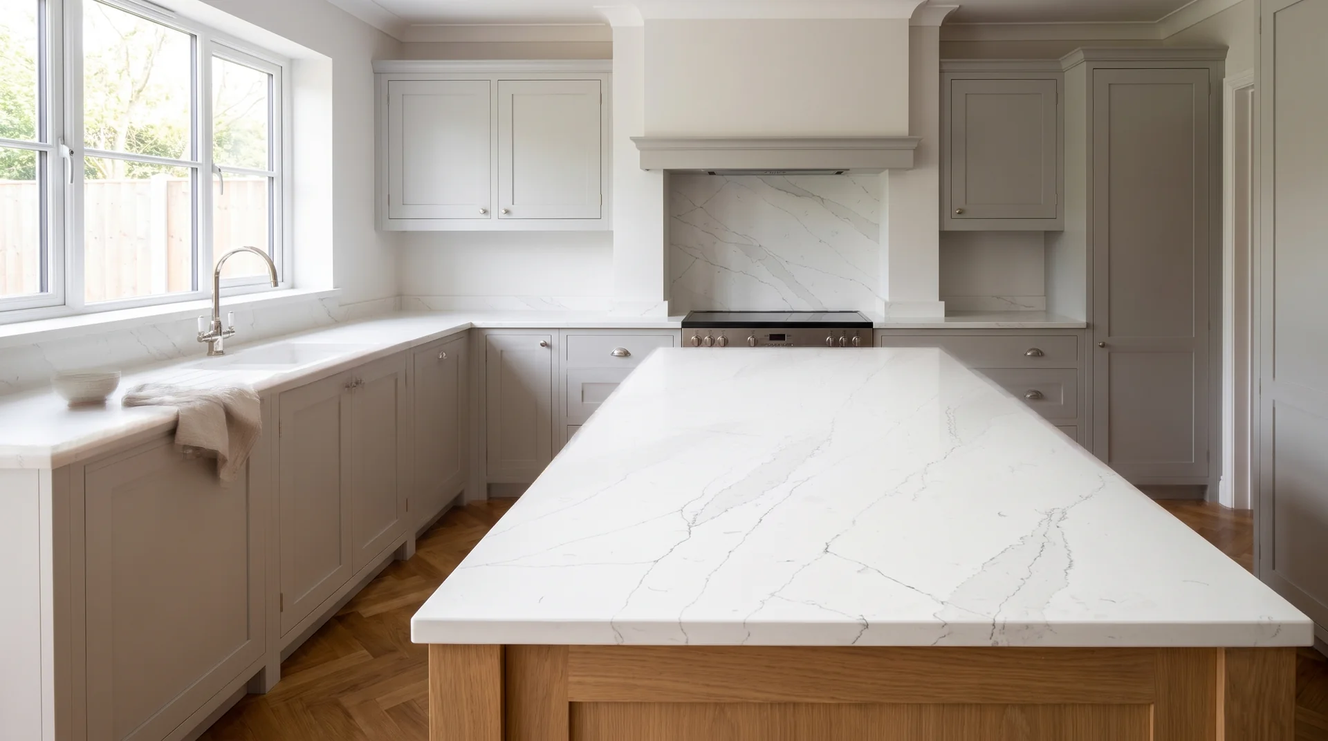 Statuario Royal Modern Quartz Stone worktop in a wide kitchen view