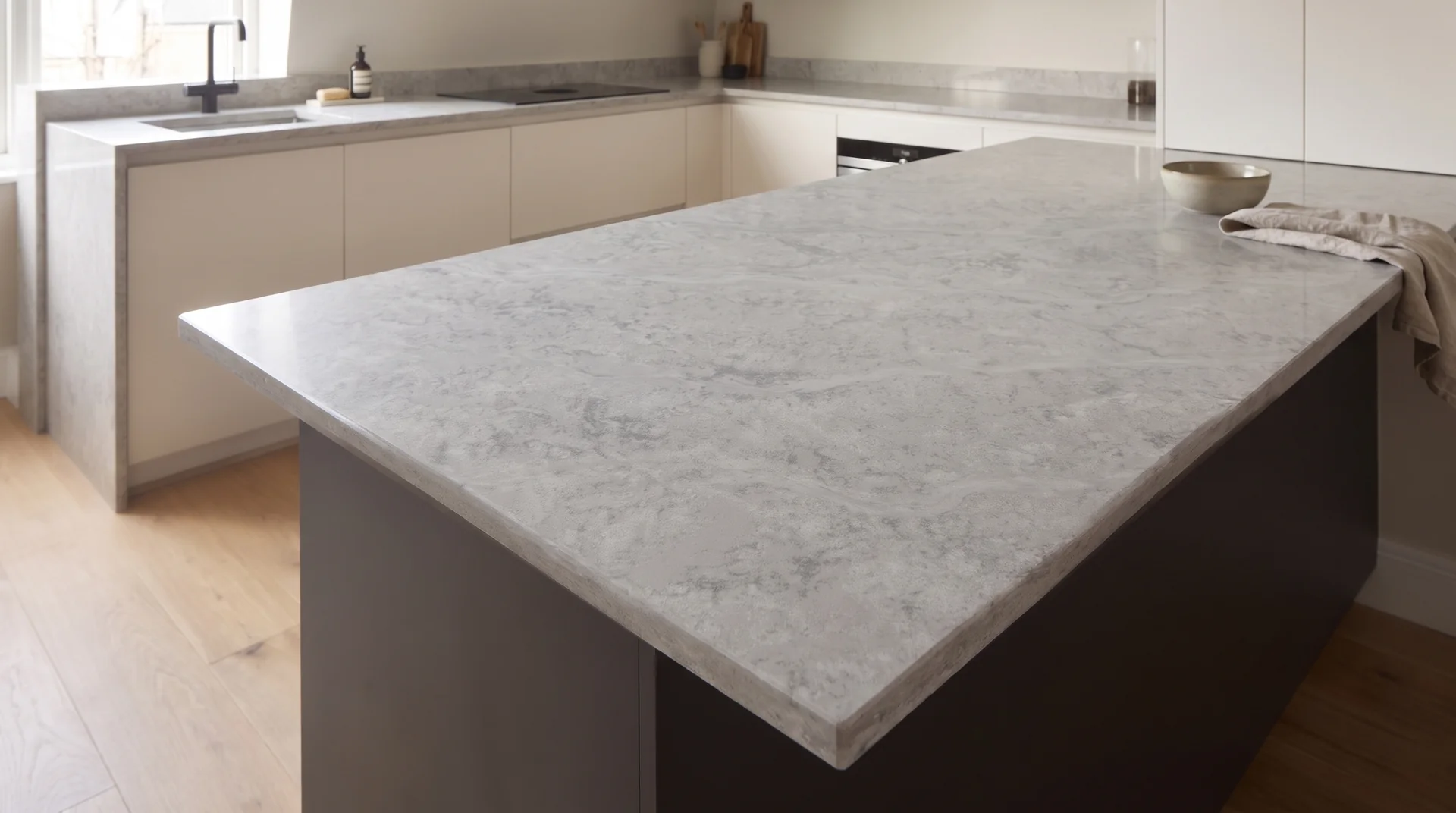 Fusion Grey quartz worktop close-up showing surface detail