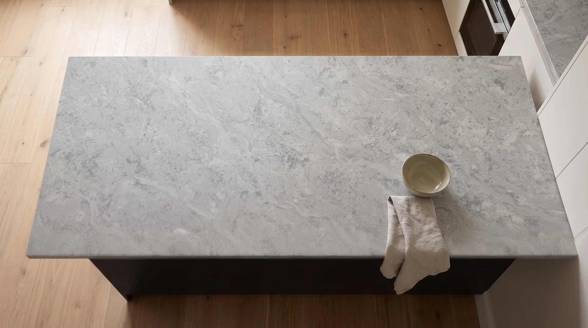 Fusion Grey quartz worktop shown from an overhead kitchen view