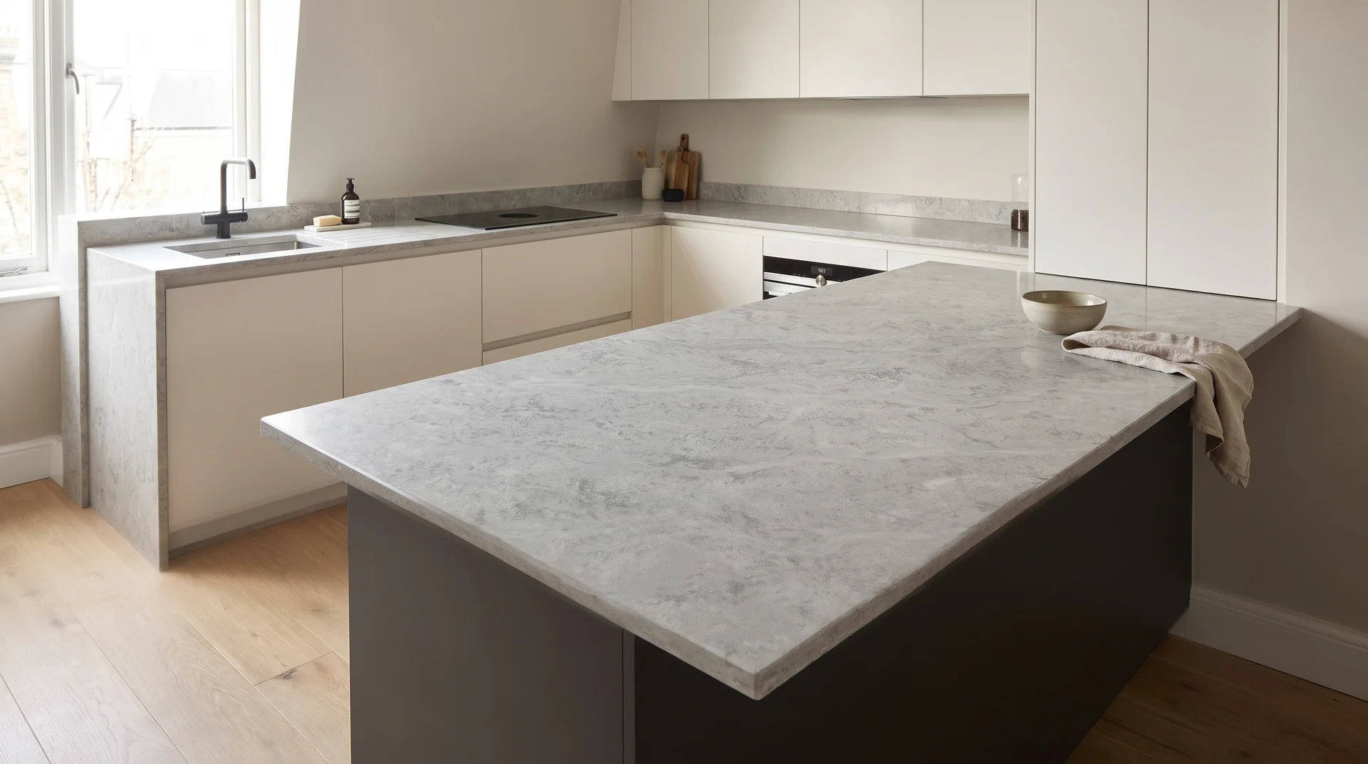 Fusion Grey Modern Quartz Stone worktop in a wide kitchen view