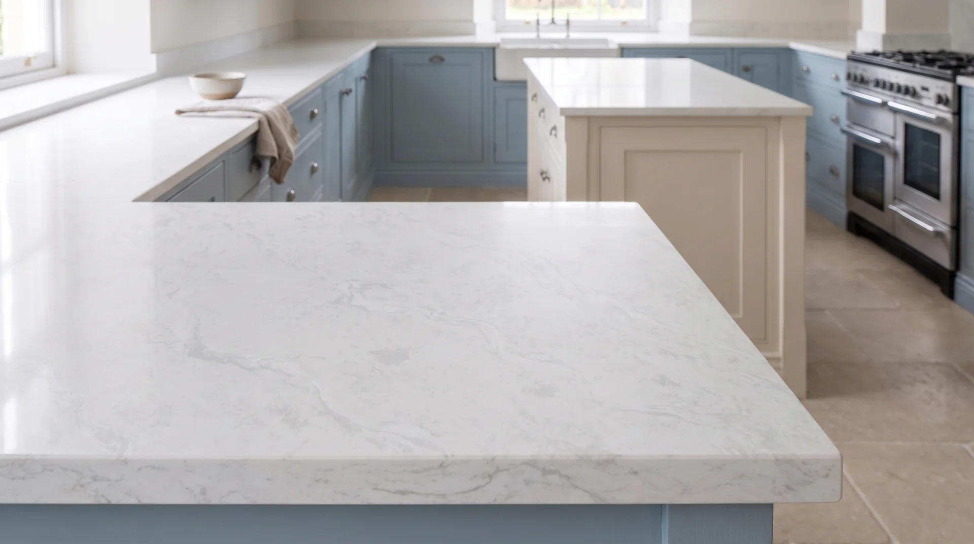 Fusion White quartz worktop close-up showing surface detail