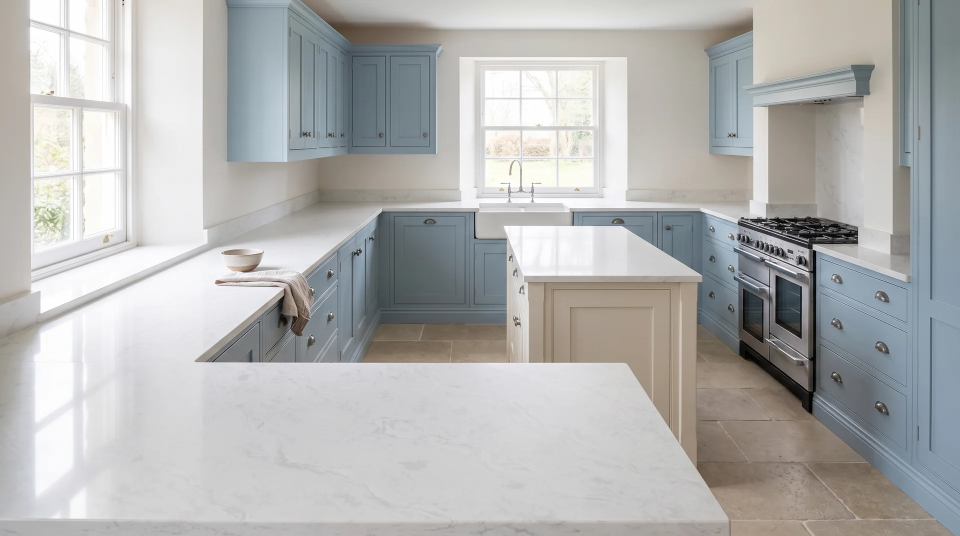 Fusion White Modern Quartz Stone worktop in a wide kitchen view