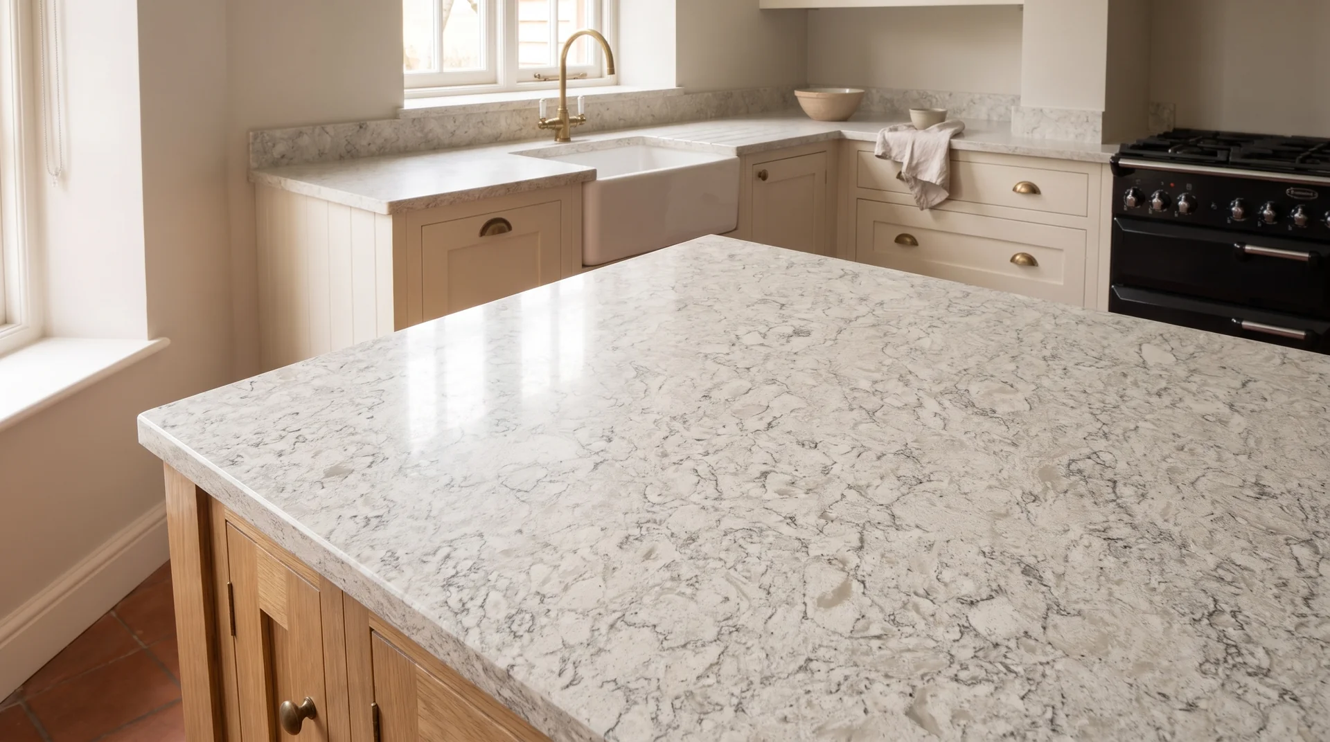 Ice Canyon quartz worktop close-up showing surface detail