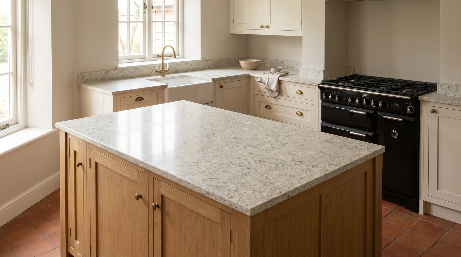 Ice Canyon Modern Quartz Stone worktop in a wide kitchen view