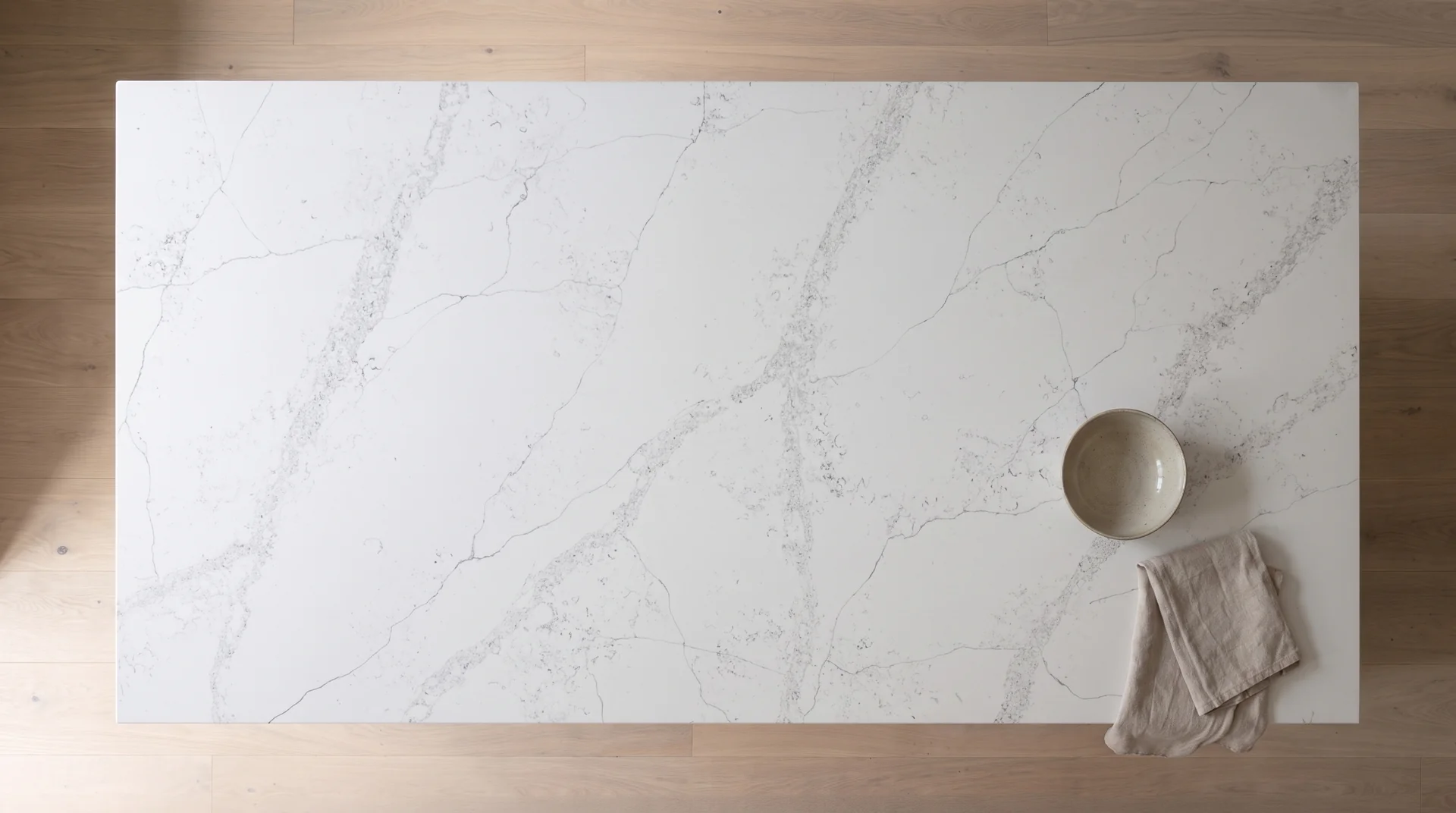 Frozen quartz worktop shown from an overhead kitchen view