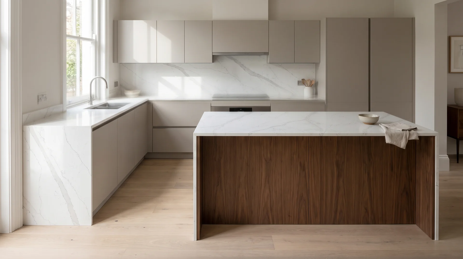 Frozen Modern Quartz Stone worktop in a wide kitchen view