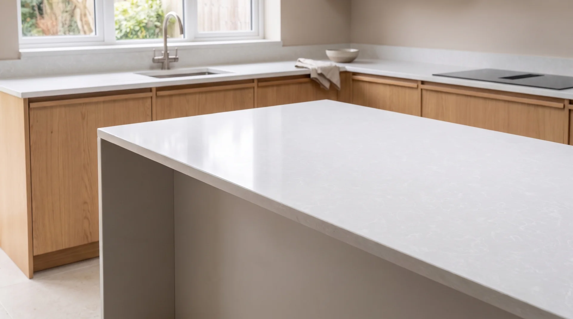 White Onyx quartz worktop close-up showing surface detail