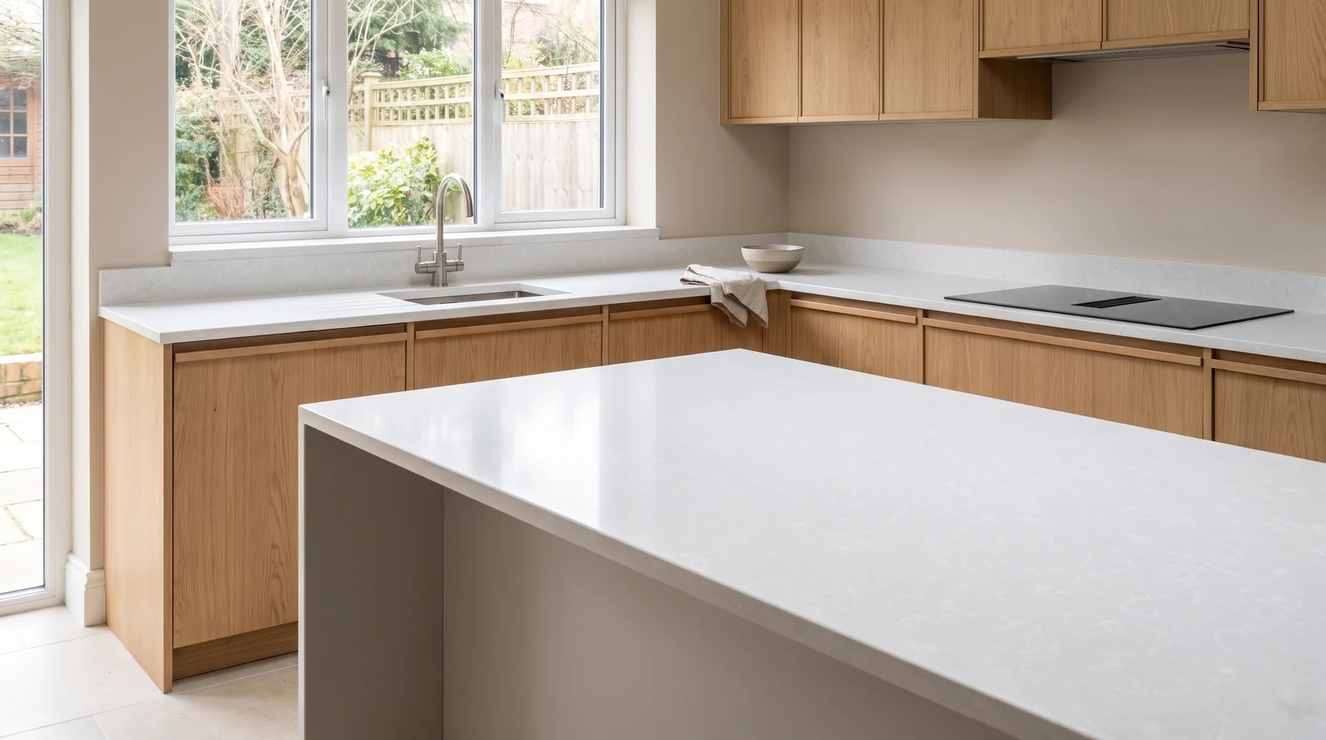 White Onyx Modern Quartz Stone worktop in a wide kitchen view