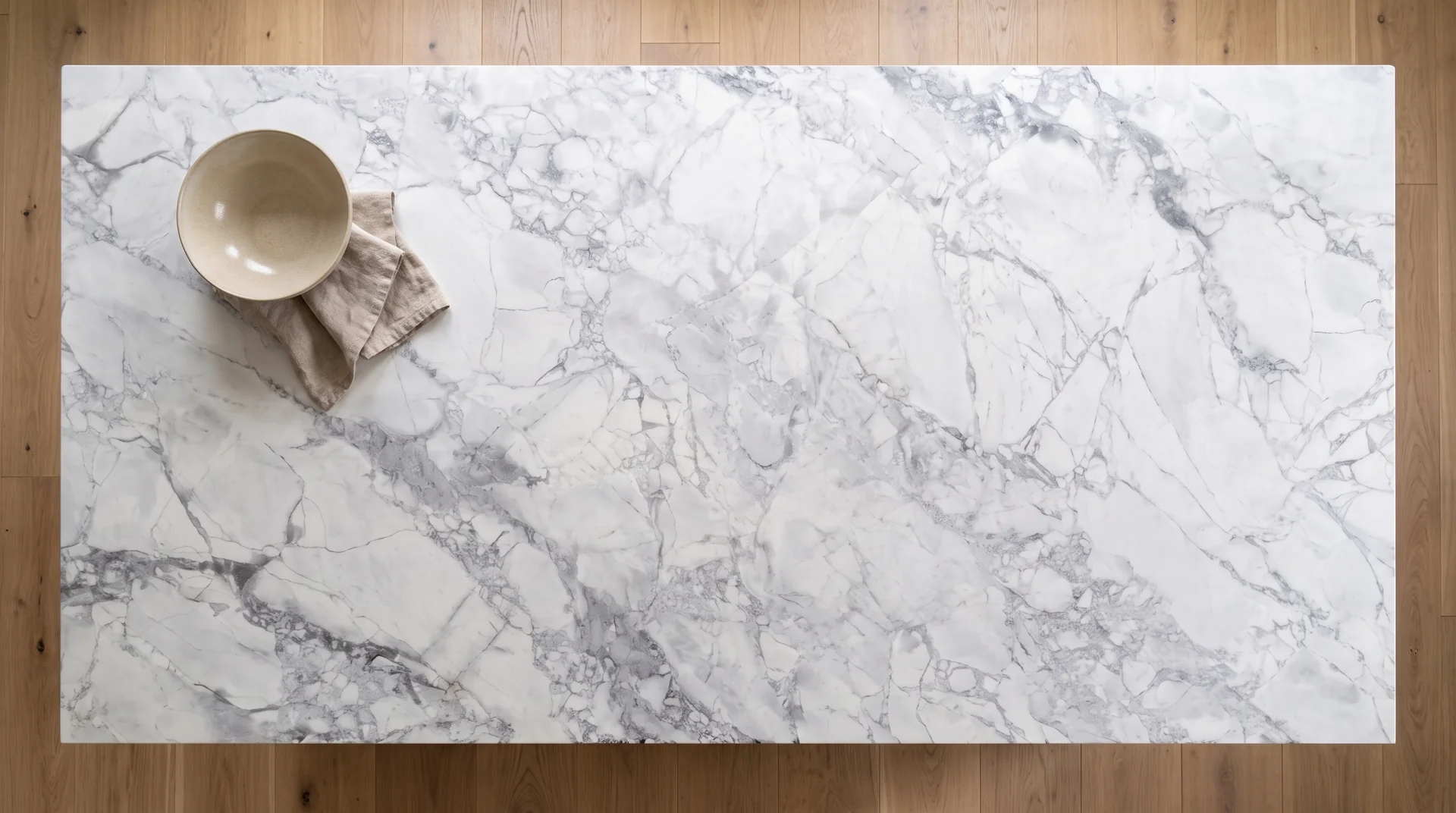 Moonrock quartz worktop shown from an overhead kitchen view