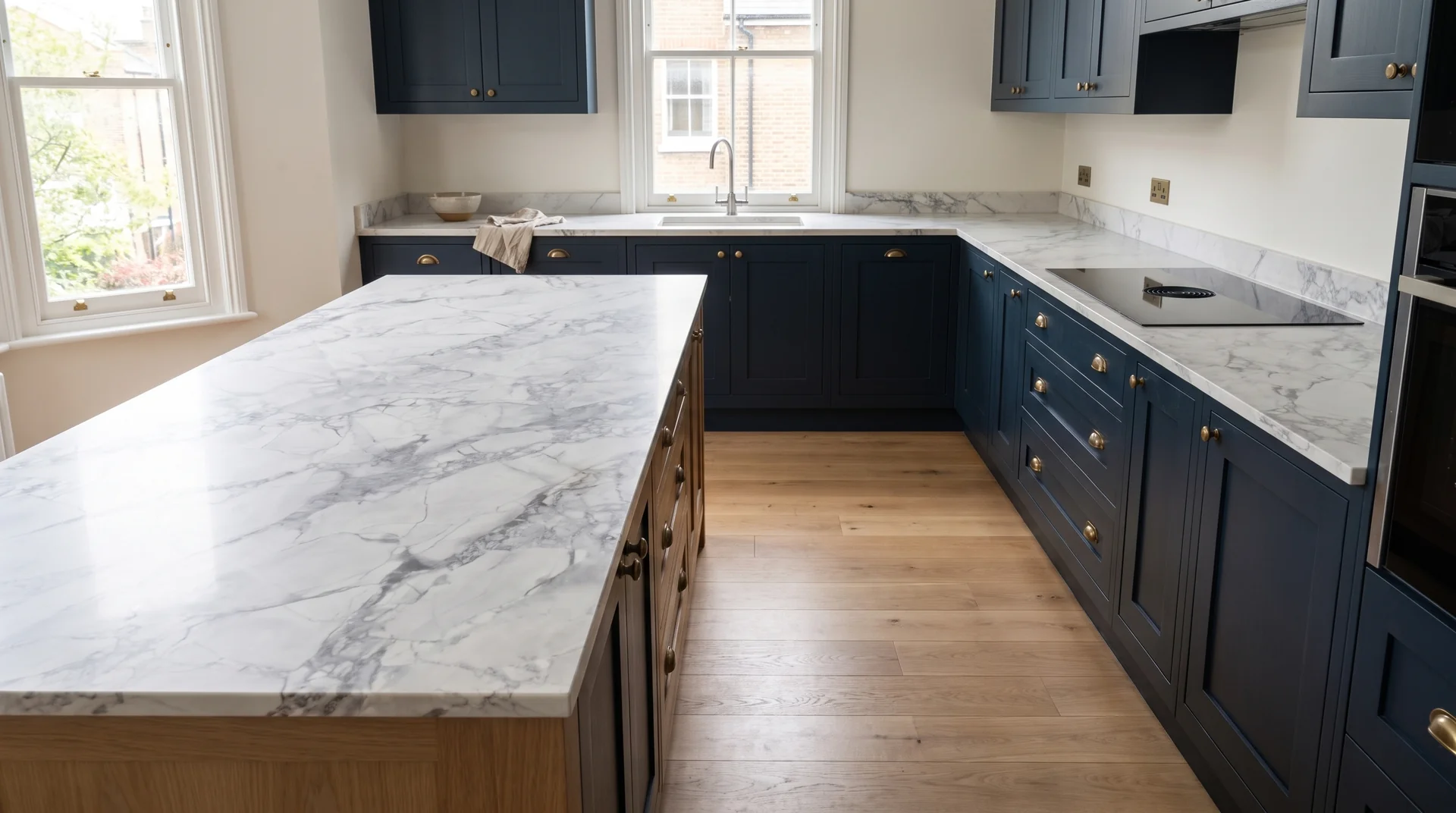 Moonrock Modern Quartz Stone worktop in a wide kitchen view