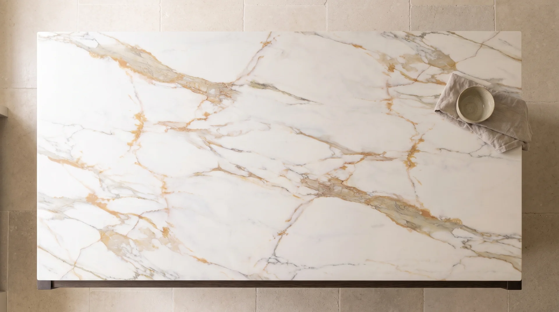 Calacatta Fantastico quartz worktop shown from an overhead kitchen view