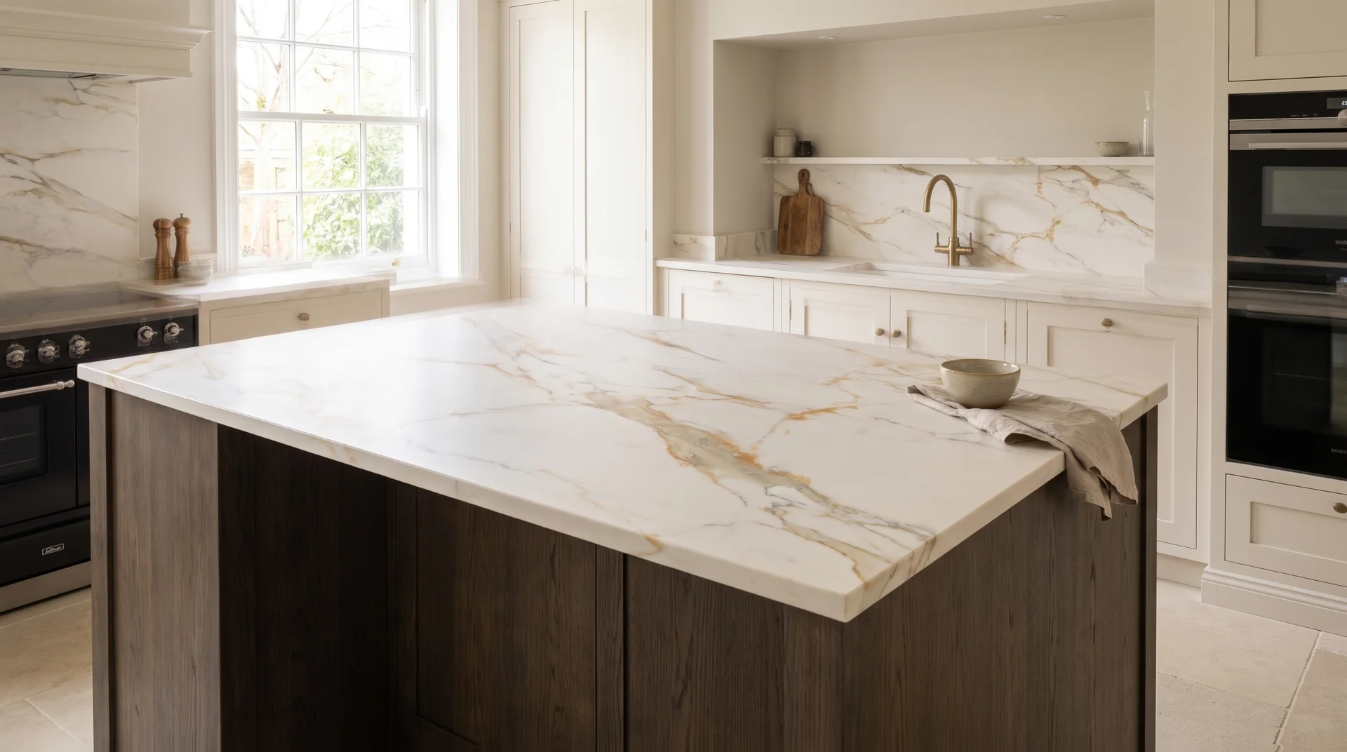 Calacatta Fantastico Modern Quartz Stone worktop in a wide kitchen view
