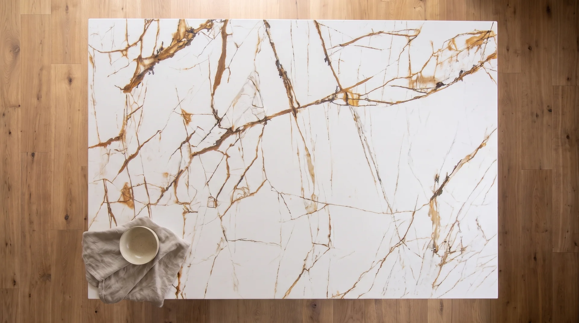 Dream Gold quartz worktop shown from an overhead kitchen view