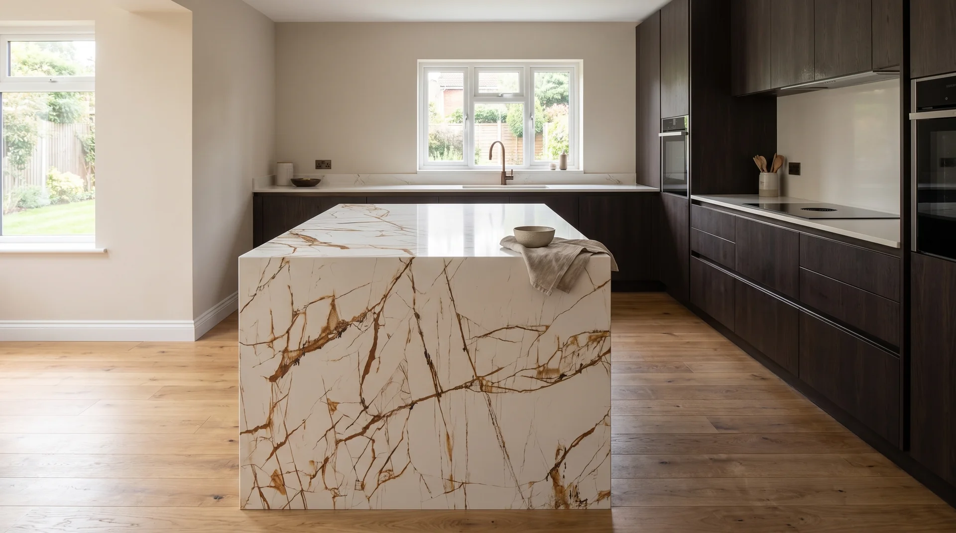 Dream Gold Modern Quartz Stone worktop in a wide kitchen view