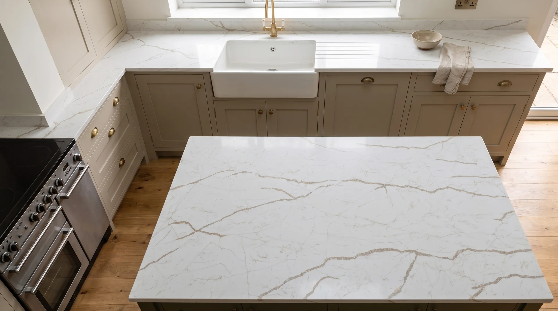Astonia Gold (Full Body) quartz worktop shown from an overhead kitchen view