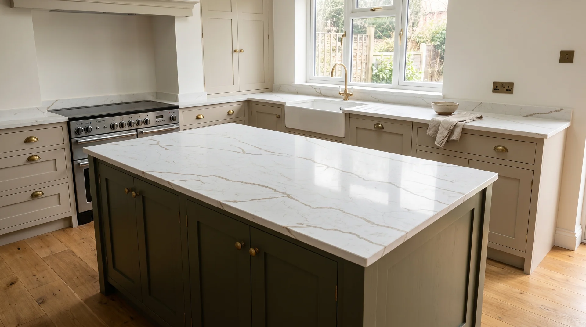 Astonia Gold (Full Body) Modern Quartz Stone worktop in a wide kitchen view