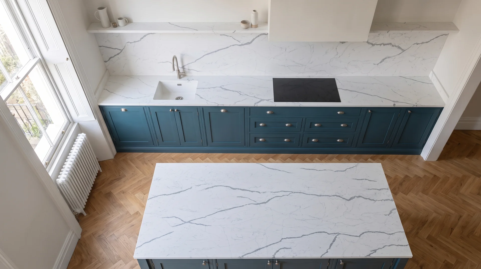 Astonia Grey (Full Body) quartz worktop shown from an overhead kitchen view
