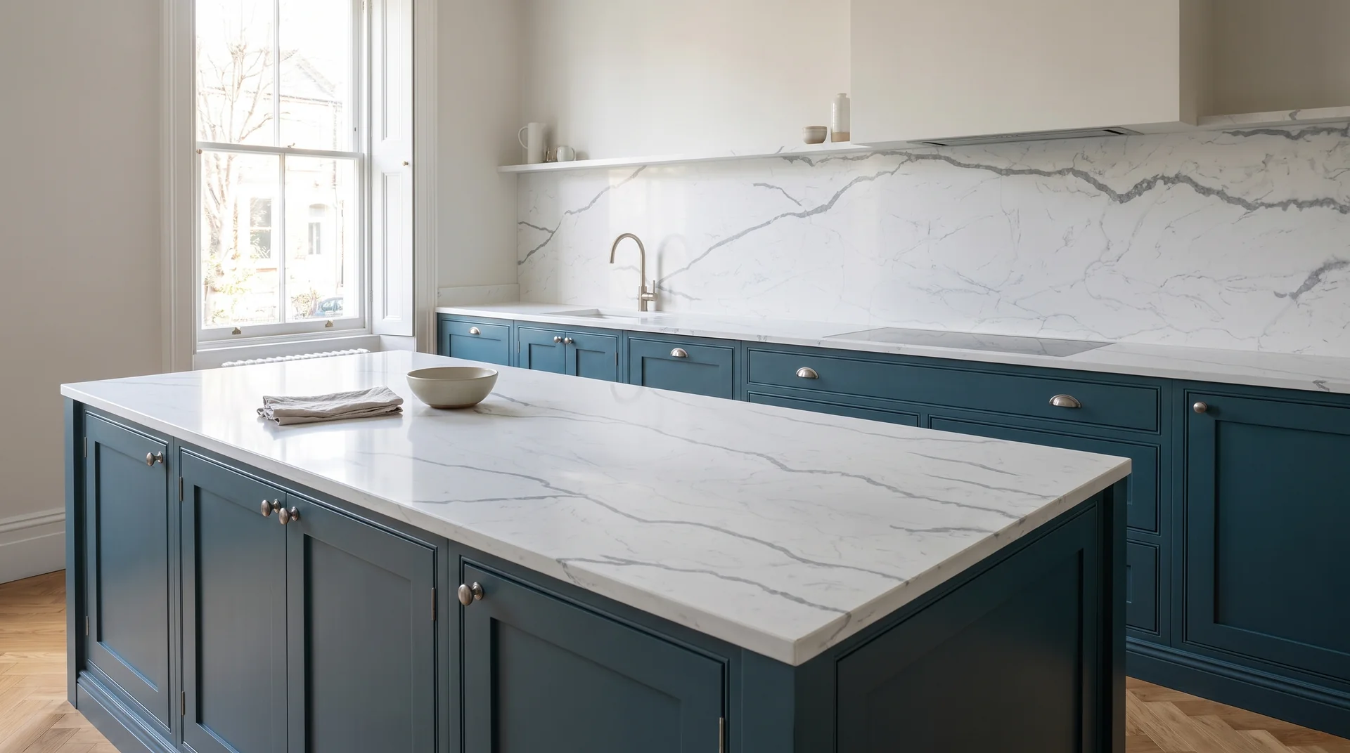 Astonia Grey (Full Body) Modern Quartz Stone worktop in a wide kitchen view