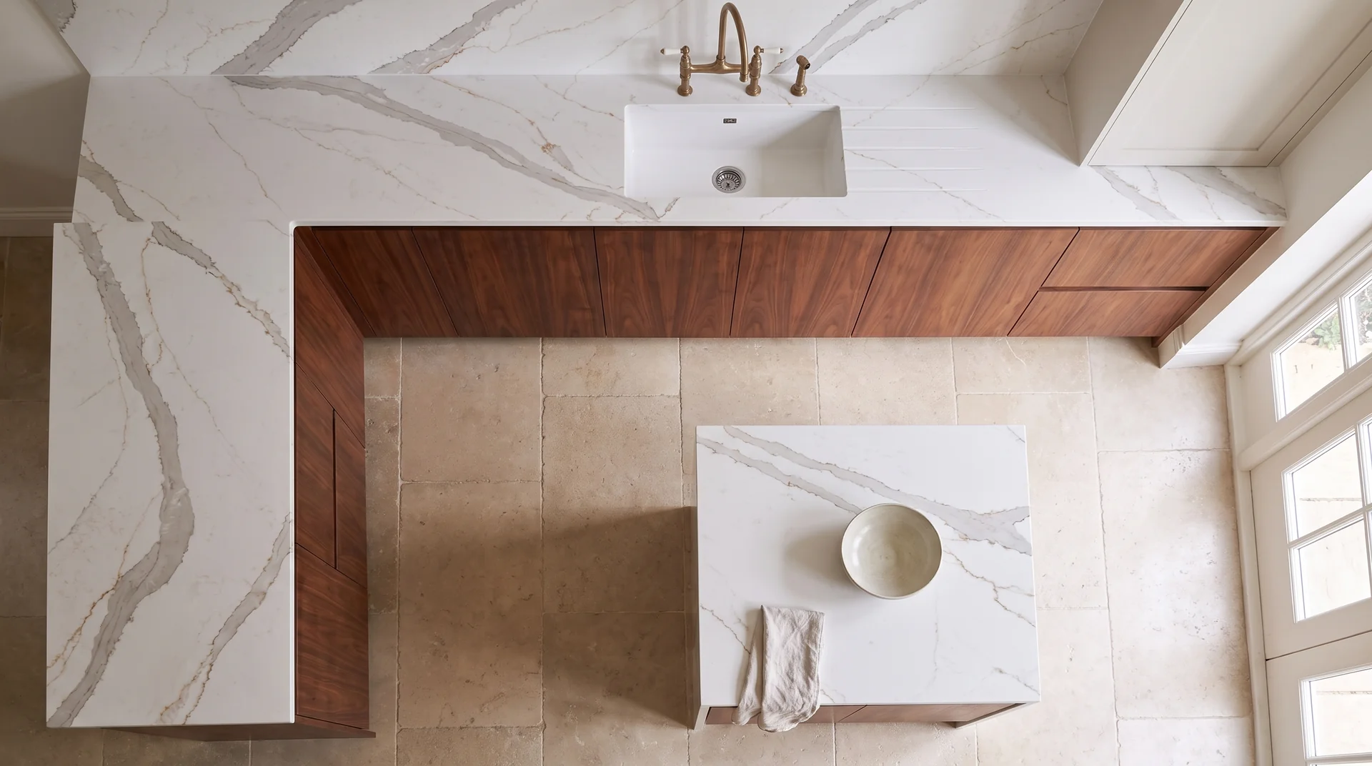 Capraia quartz worktop shown from an overhead kitchen view