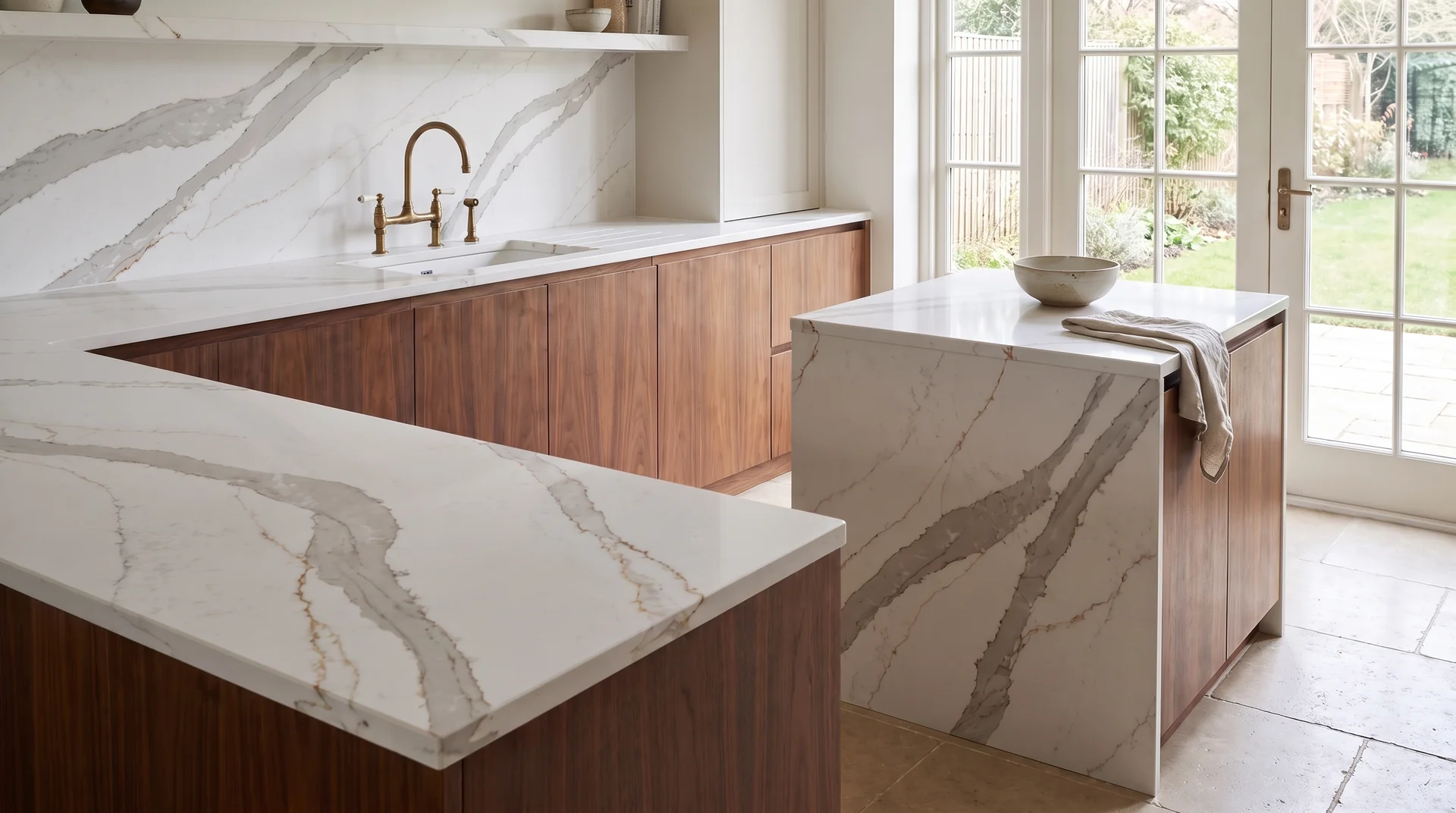 Capraia Modern Quartz Stone worktop in a wide kitchen view