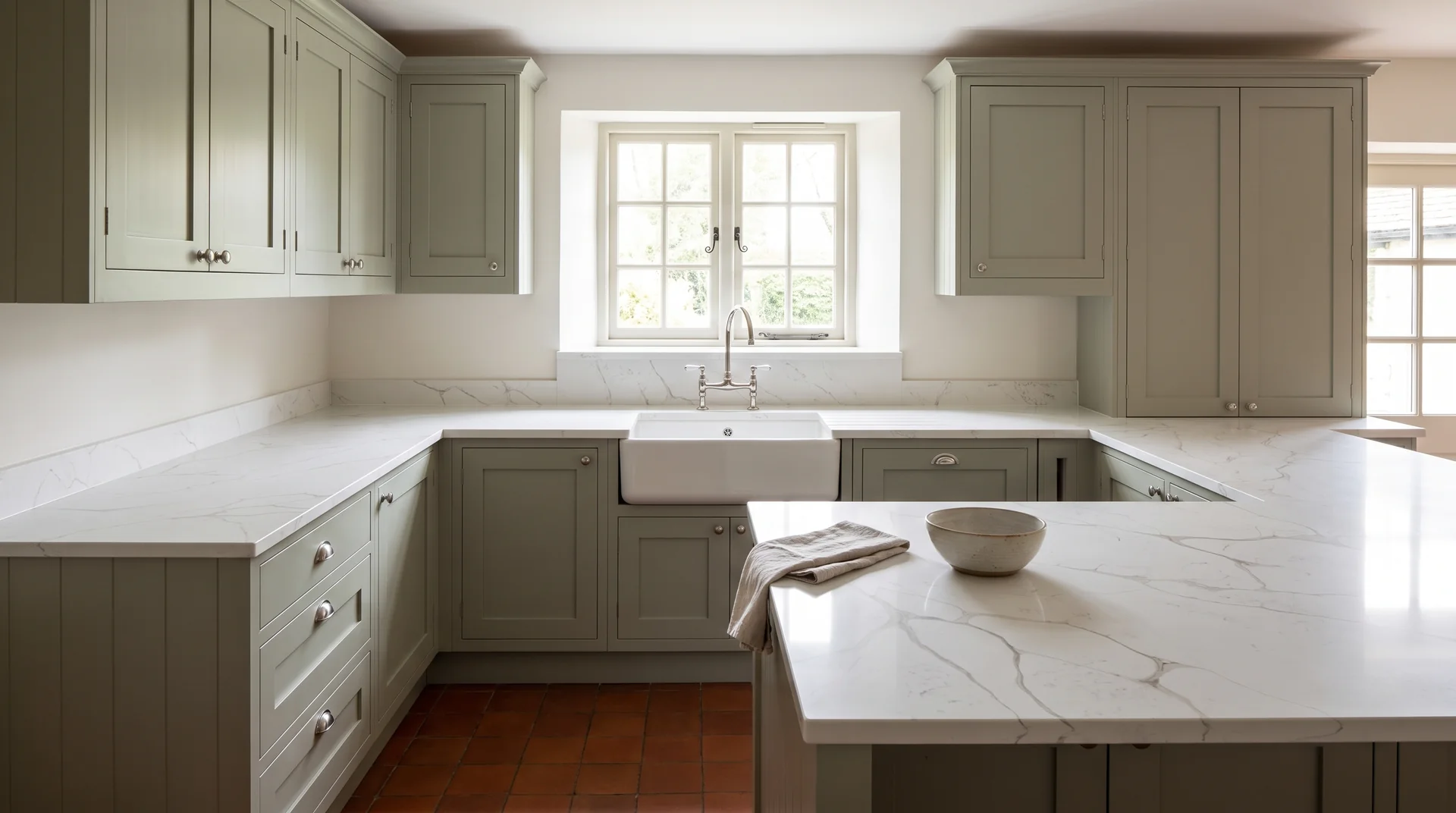 Emerald Gold Modern Quartz Stone worktop in a wide kitchen view