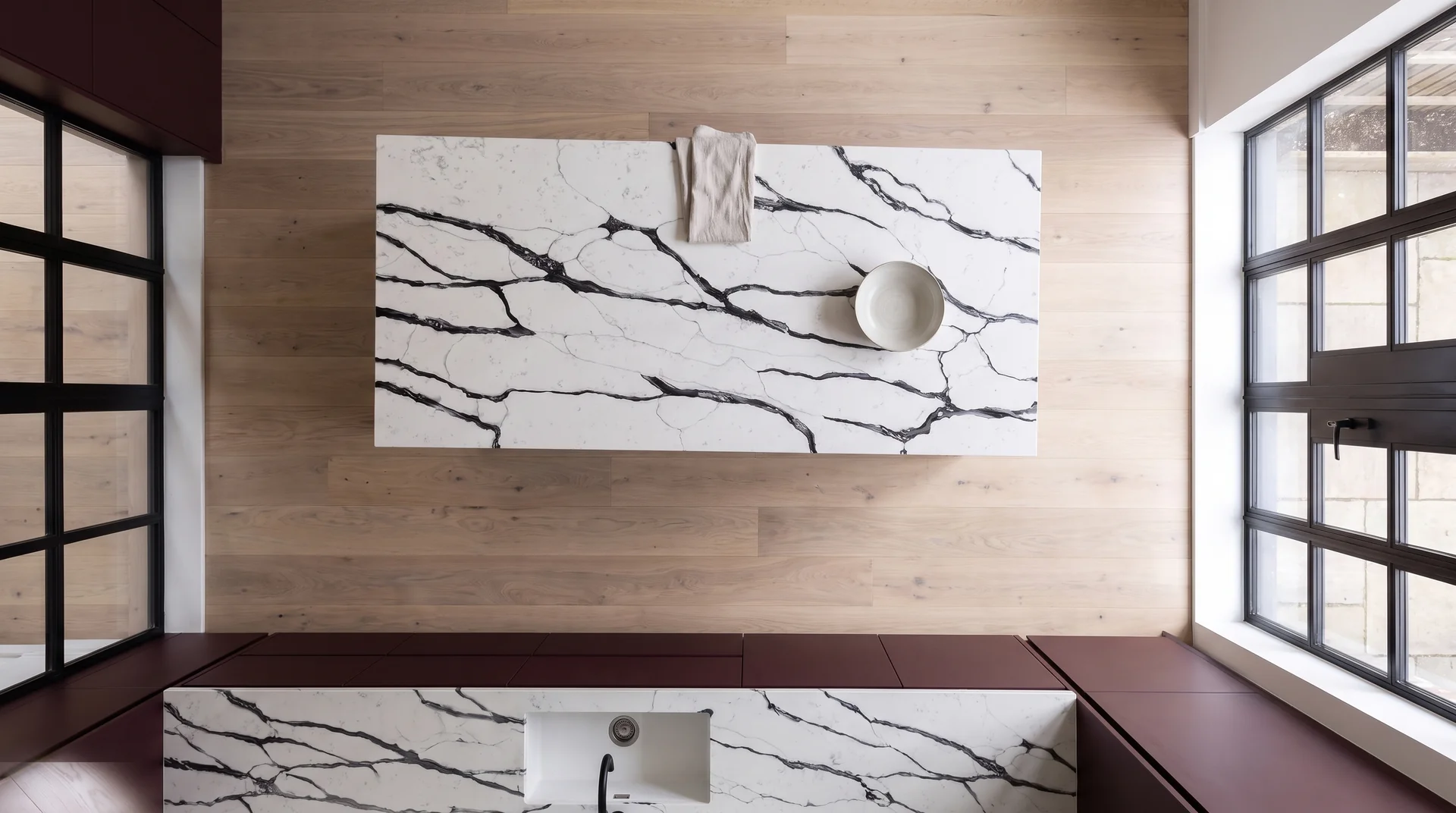 Dior Black quartz worktop shown from an overhead kitchen view