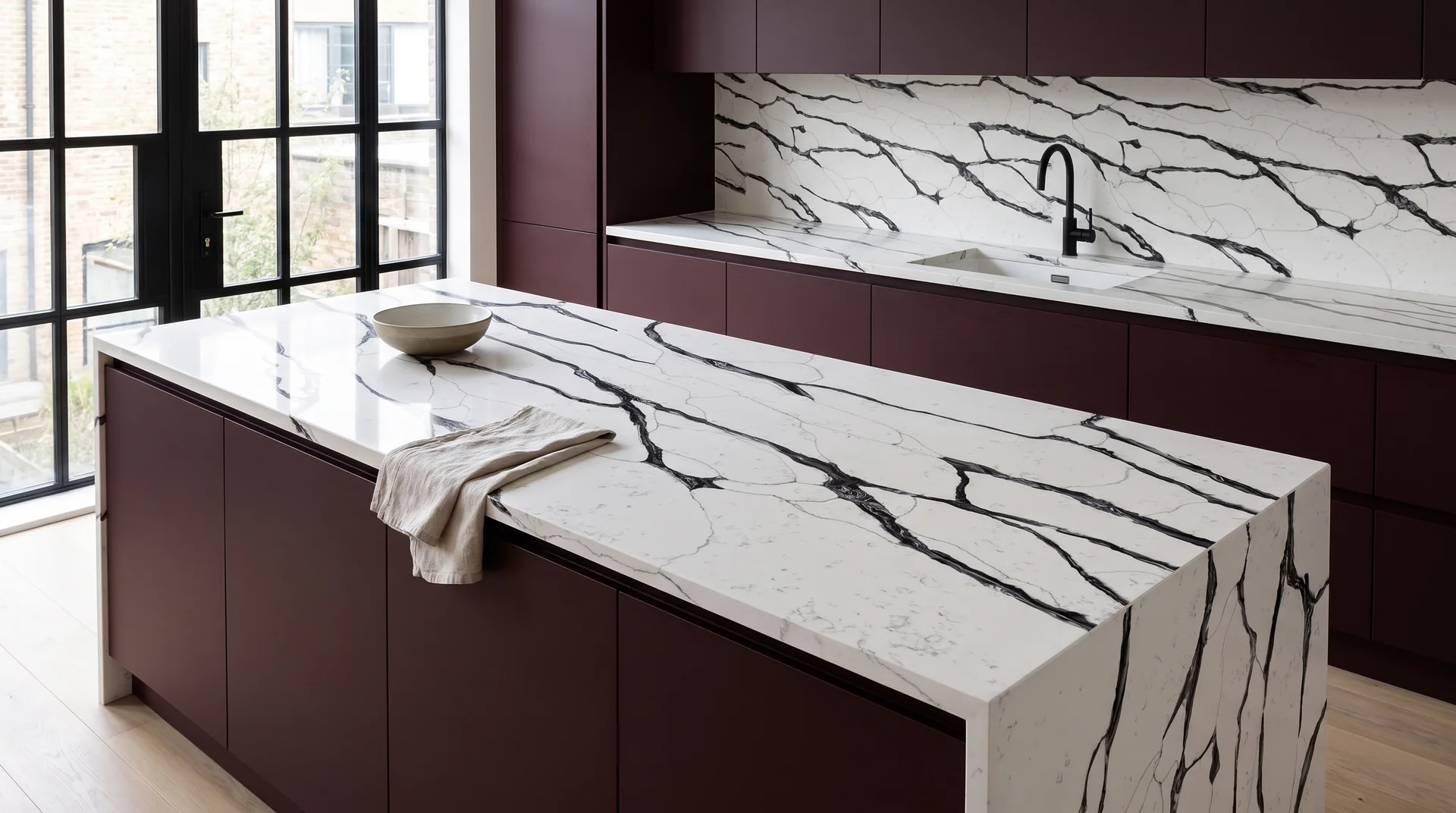 Dior Black Modern Quartz Stone worktop in a wide kitchen view