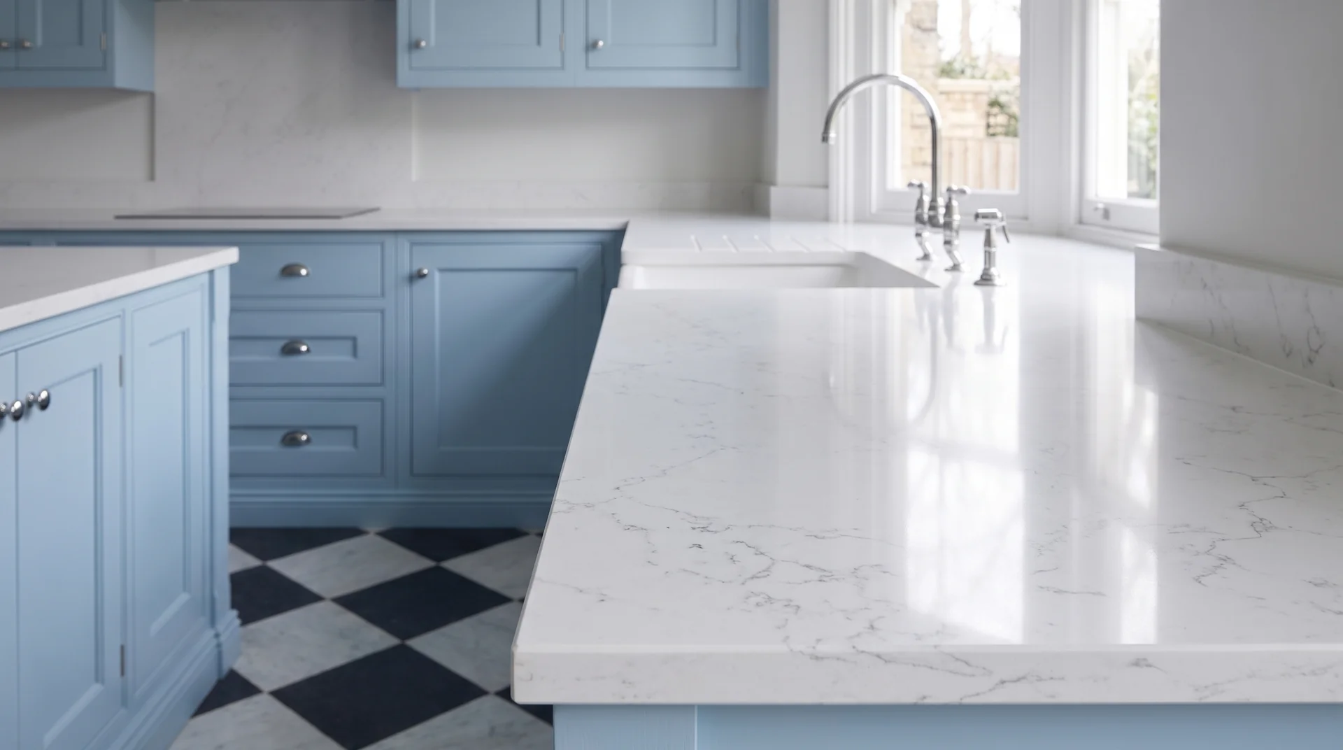 Alaska White quartz worktop close-up showing surface detail