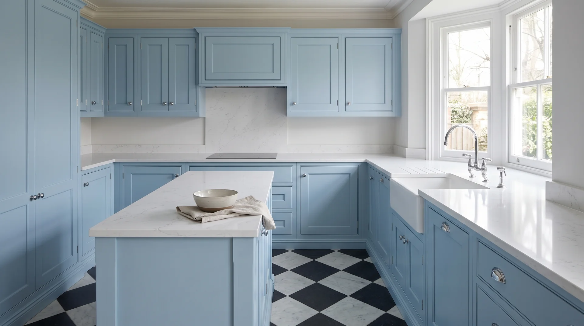 Alaska White Modern Quartz Stone worktop in a wide kitchen view