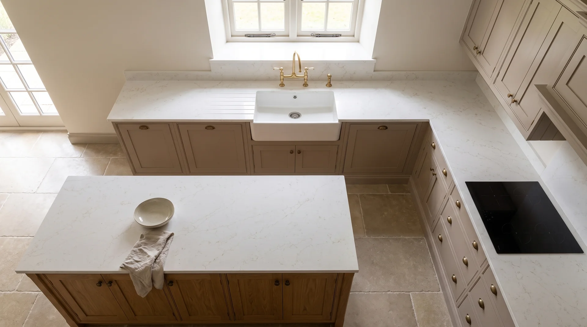 Alaska Gold quartz worktop shown from an overhead kitchen view