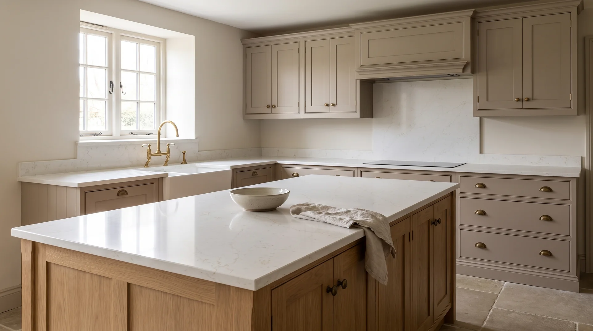 Alaska Gold Modern Quartz Stone worktop in a wide kitchen view