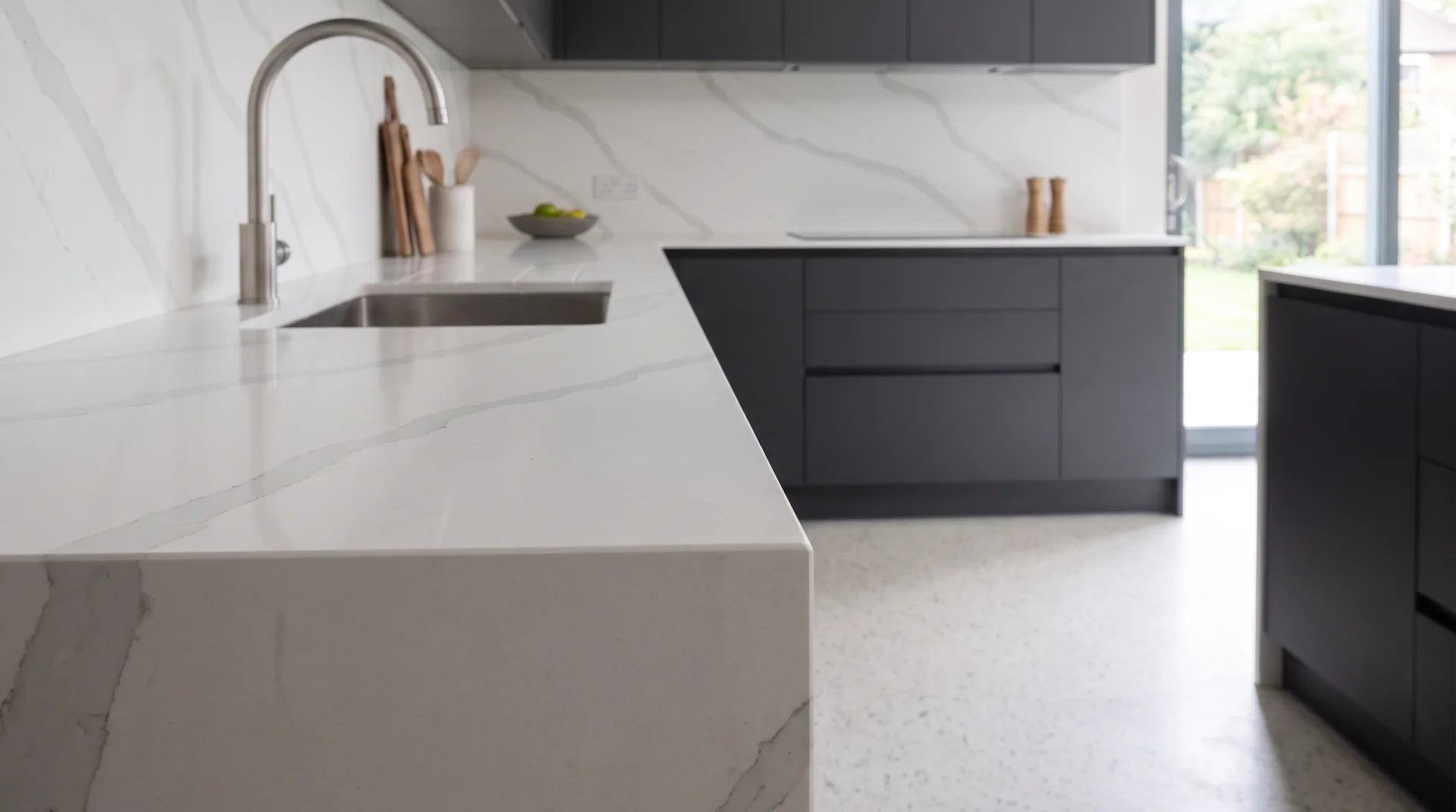 Calacatta Platinum quartz worktop close-up showing surface detail