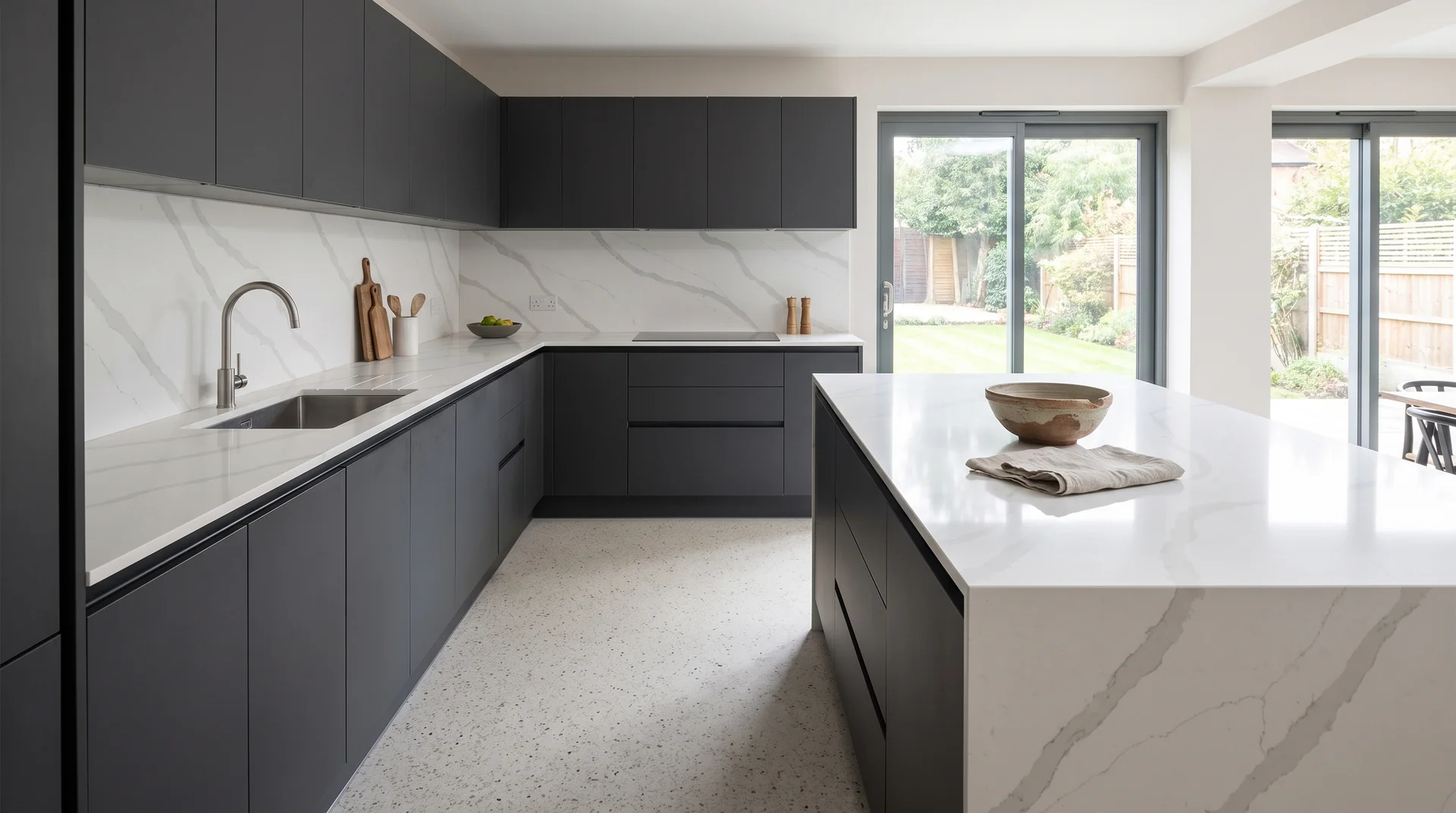 Calacatta Platinum Modern Quartz Stone worktop in a wide kitchen view