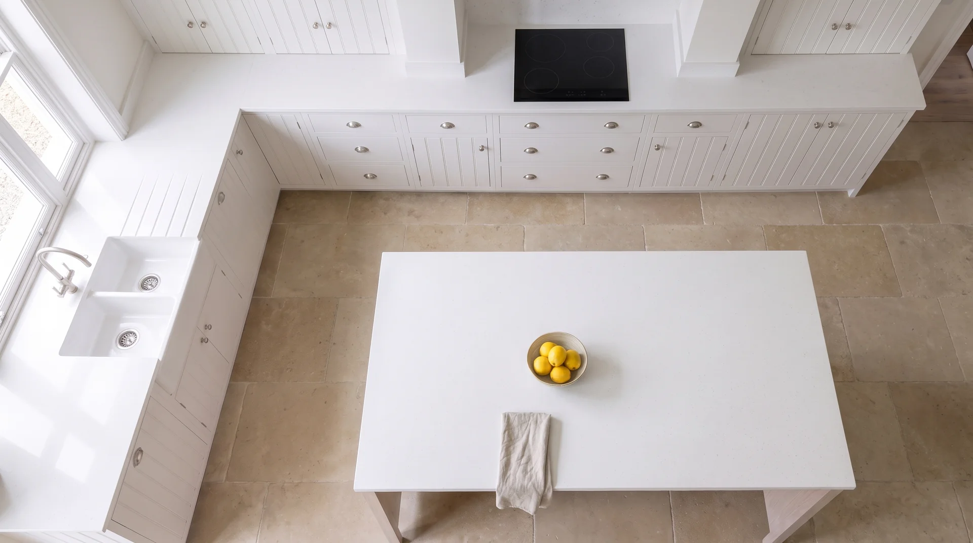 Ice Crystal quartz worktop shown from an overhead kitchen view