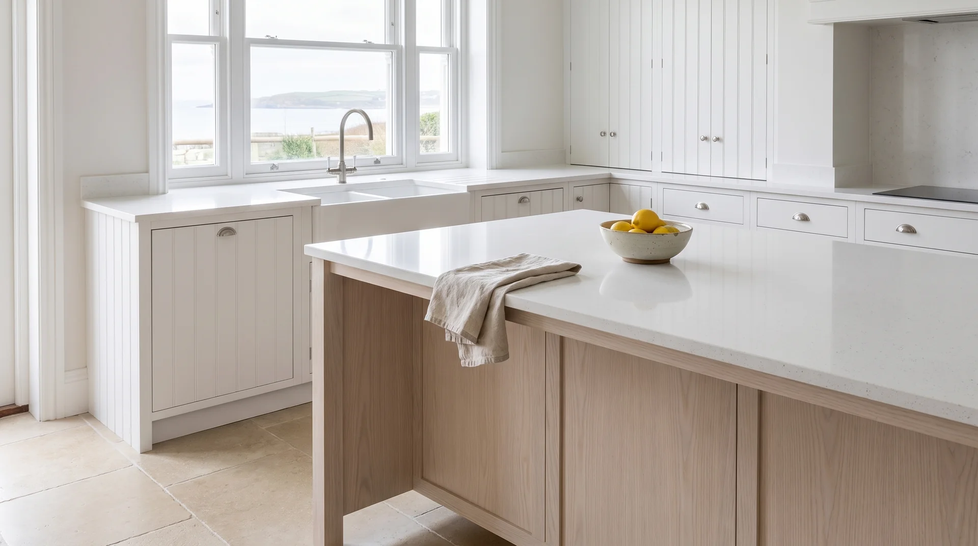 Ice Crystal Modern Quartz Stone worktop in a wide kitchen view